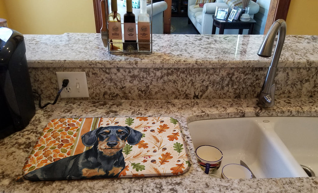 Wirehaired Black and Tan Dachshund Heirloom Fall Dish Drying Mat Absorbent Dish Drying Mat Pad for Kitchen Counter Dish Drainer Mat for Countertop, 14 x 21", Multicolor