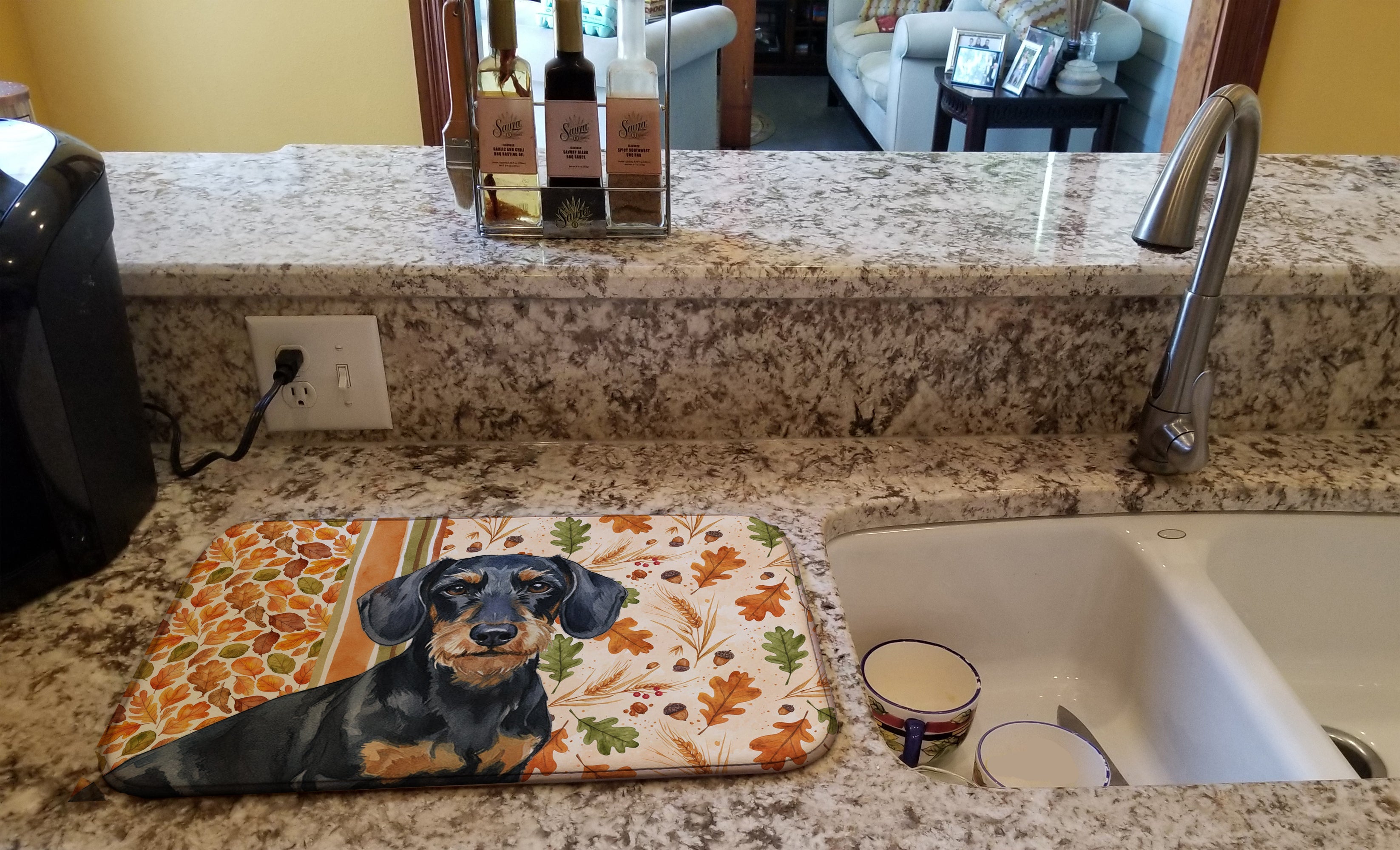 Wirehaired Black and Tan Dachshund Heirloom Fall Dish Drying Mat Absorbent Dish Drying Mat Pad for Kitchen Counter Dish Drainer Mat for Countertop, 14 x 21", Multicolor