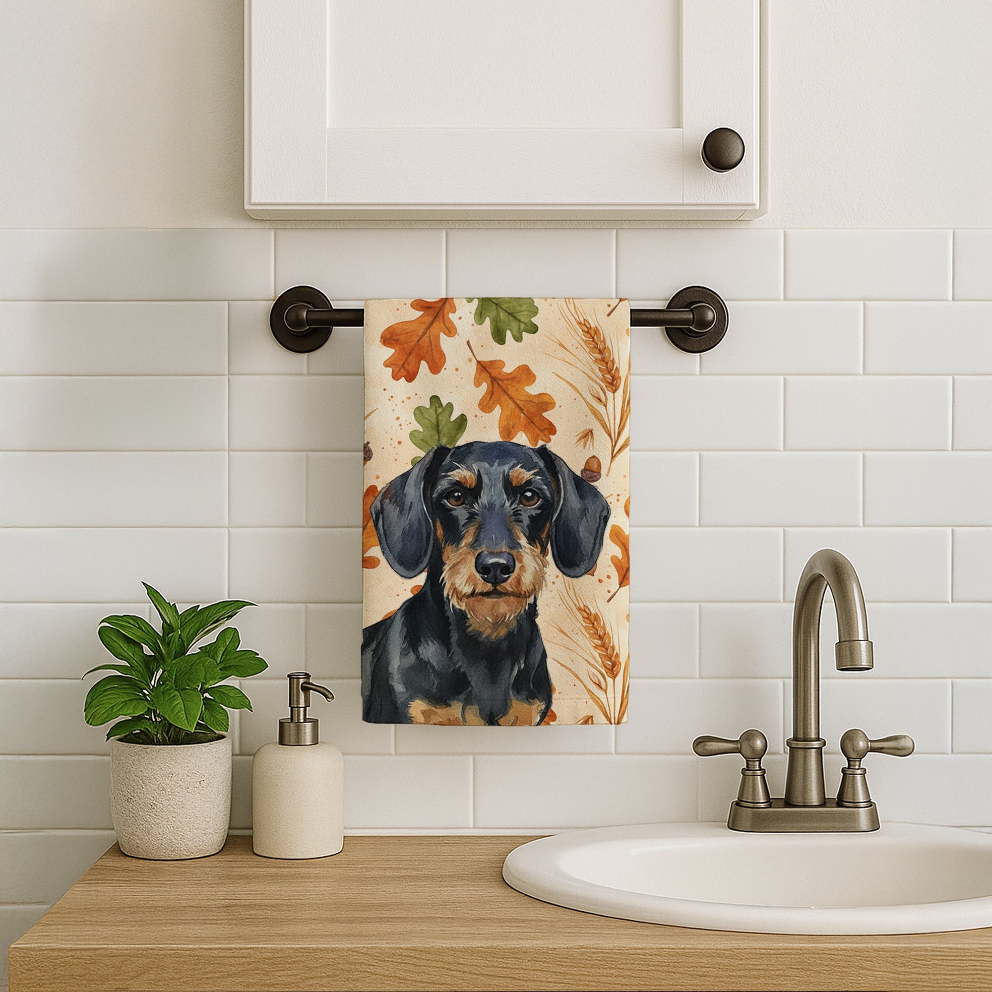 Wirehaired Black and Tan Dachshund Heirloom Fall Kitchen Towel Velour Plush Front and Cotton Loop Back Machine Washable