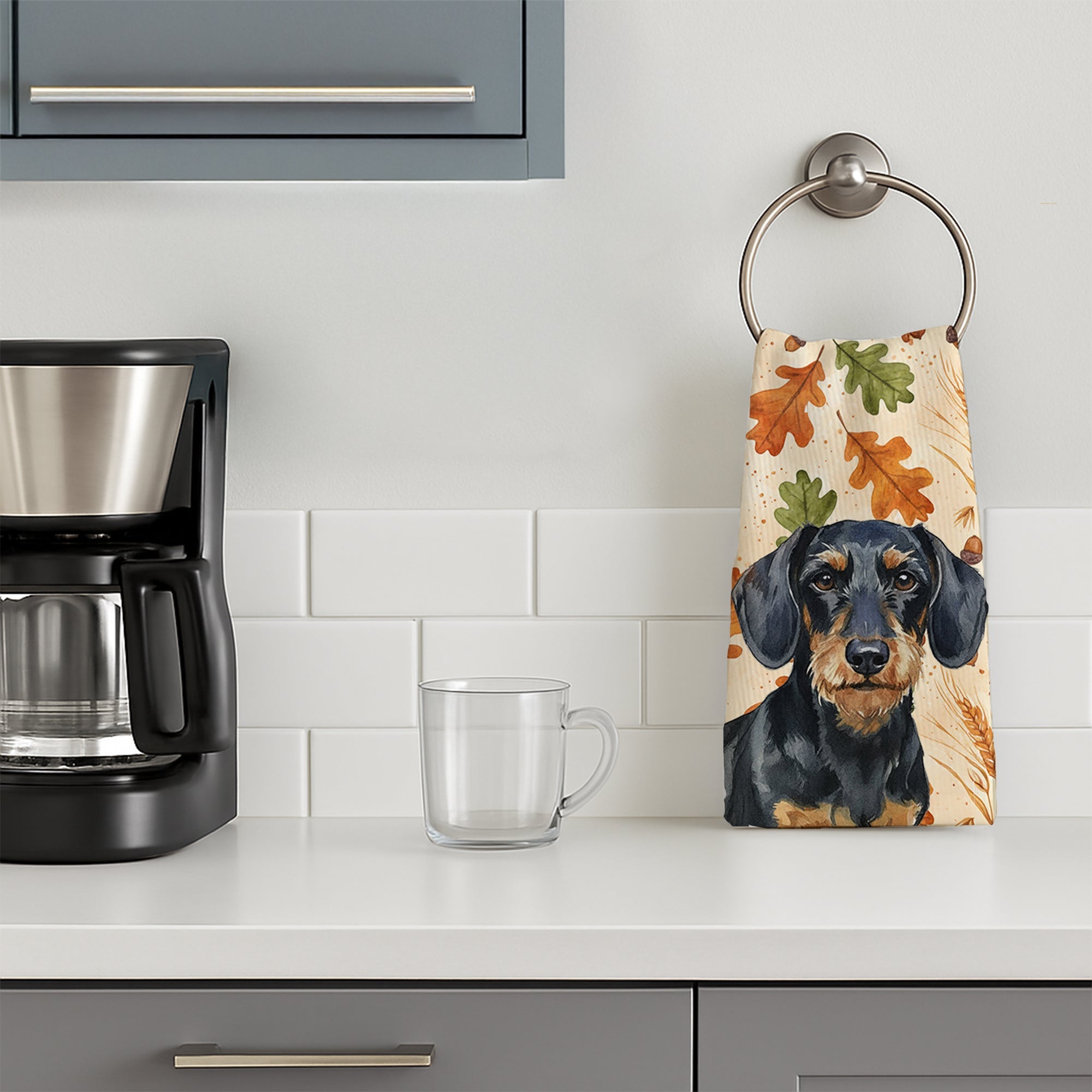Wirehaired Black and Tan Dachshund Heirloom Fall Kitchen Towel Velour Plush Front and Cotton Loop Back Machine Washable