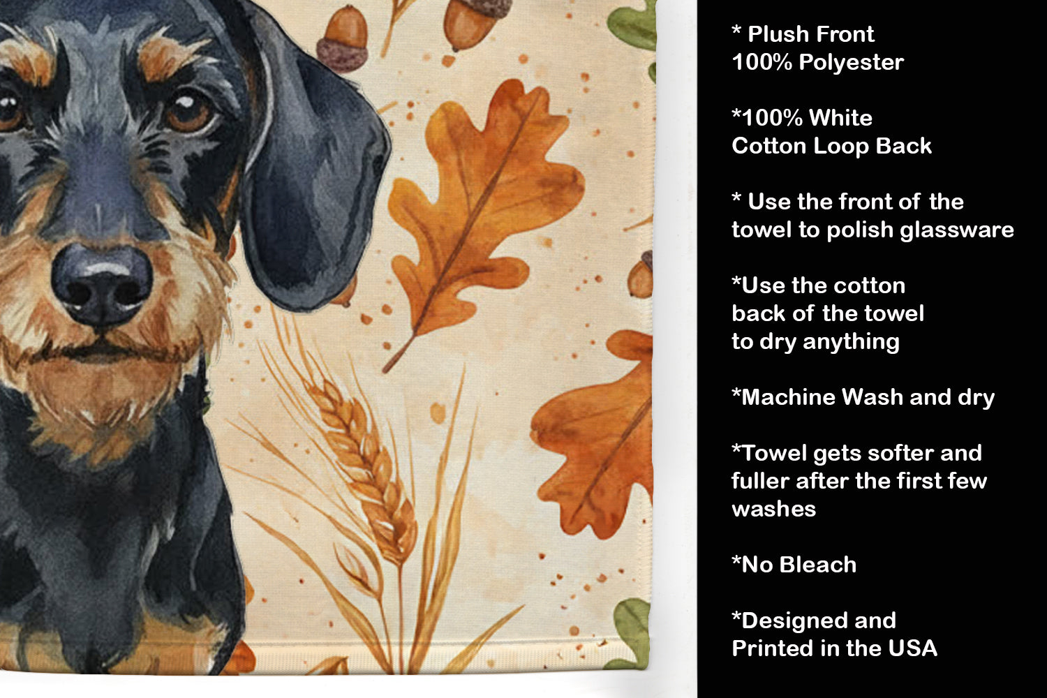 Wirehaired Black and Tan Dachshund Heirloom Fall Kitchen Towel Velour Plush Front and Cotton Loop Back Machine Washable