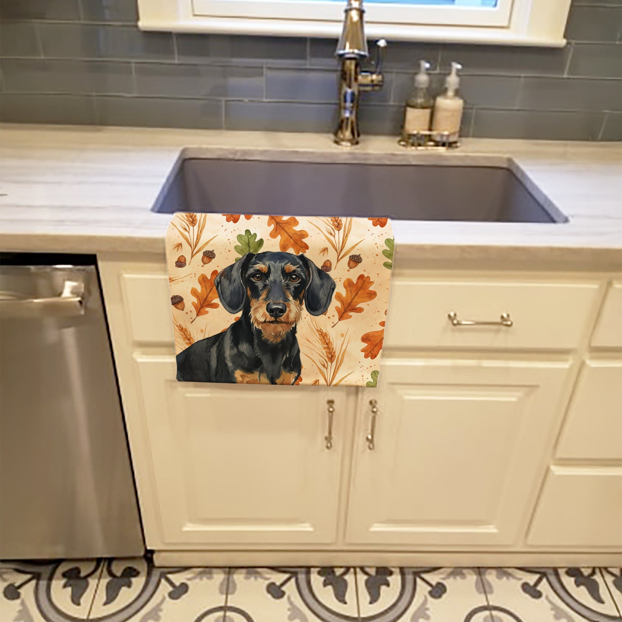 Wirehaired Black and Tan Dachshund Heirloom Fall Kitchen Towel Velour Plush Front and Cotton Loop Back Machine Washable