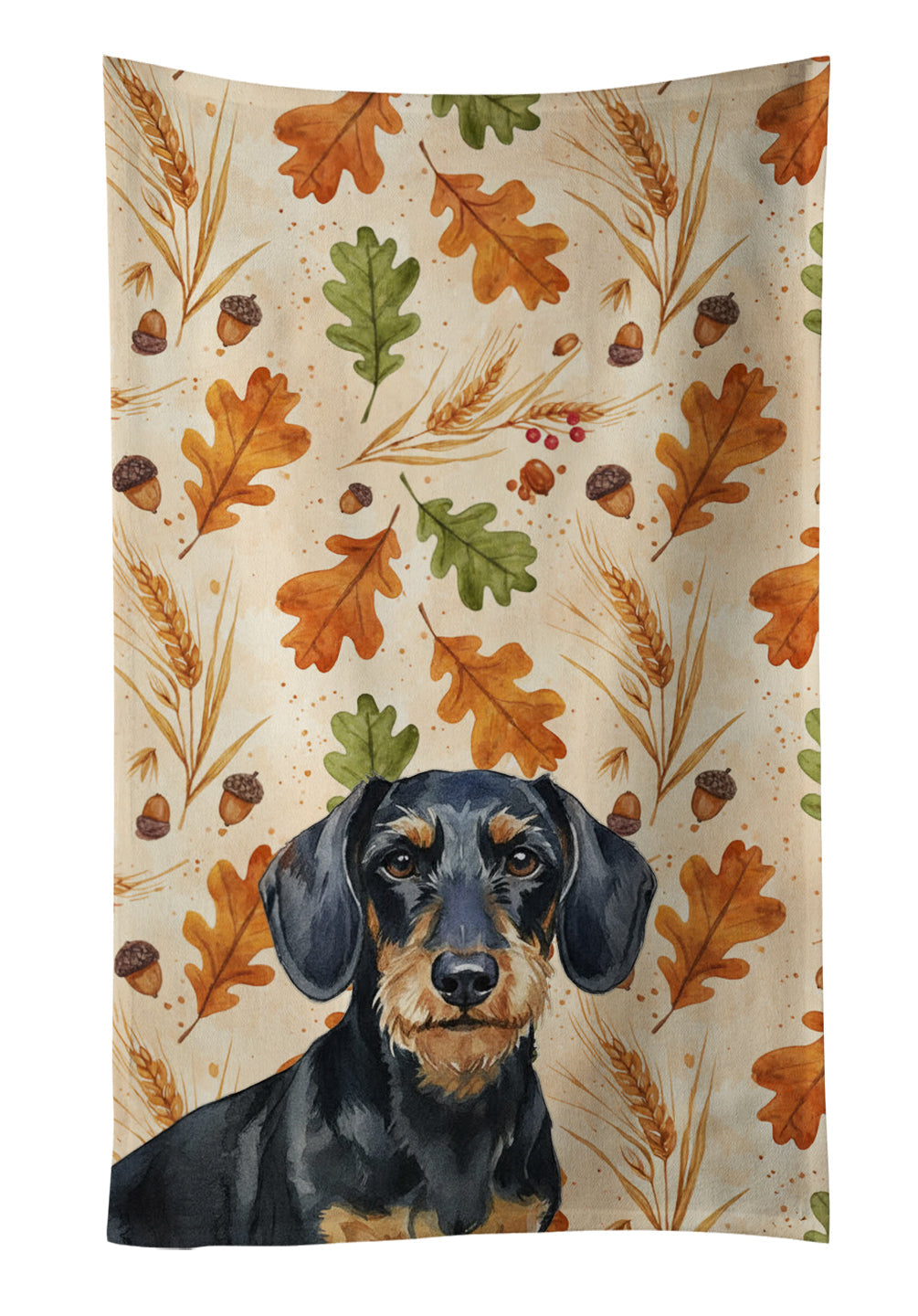 Wirehaired Black and Tan Dachshund Heirloom Fall Kitchen Towel Velour Plush Front and Cotton Loop Back Machine Washable