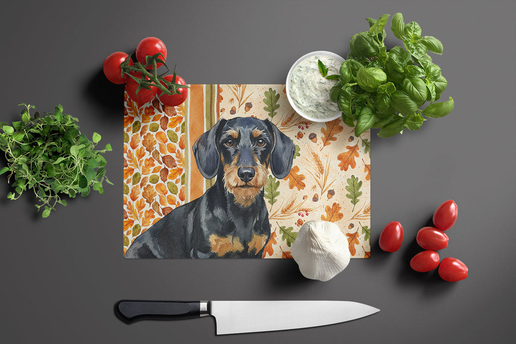 Wirehaired Black and Tan Dachshund Heirloom Fall Cutting Board Tempered Glass Kitchen Cutting Surface, Heat Resistant Chopping, Non-Slip Feet, Food Prep & Serving
