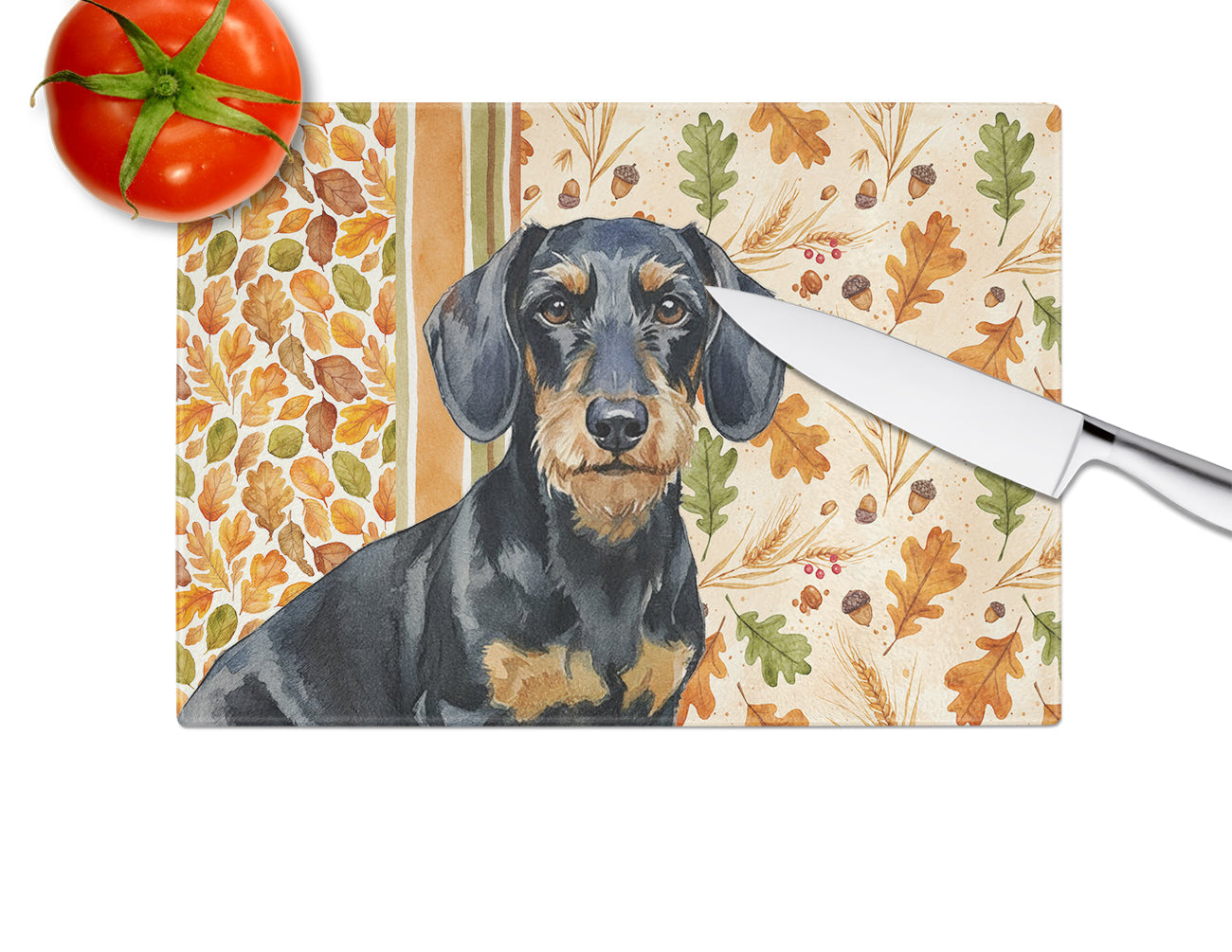 Wirehaired Black and Tan Dachshund Heirloom Fall Cutting Board Tempered Glass Kitchen Cutting Surface, Heat Resistant Chopping, Non-Slip Feet, Food Prep & Serving