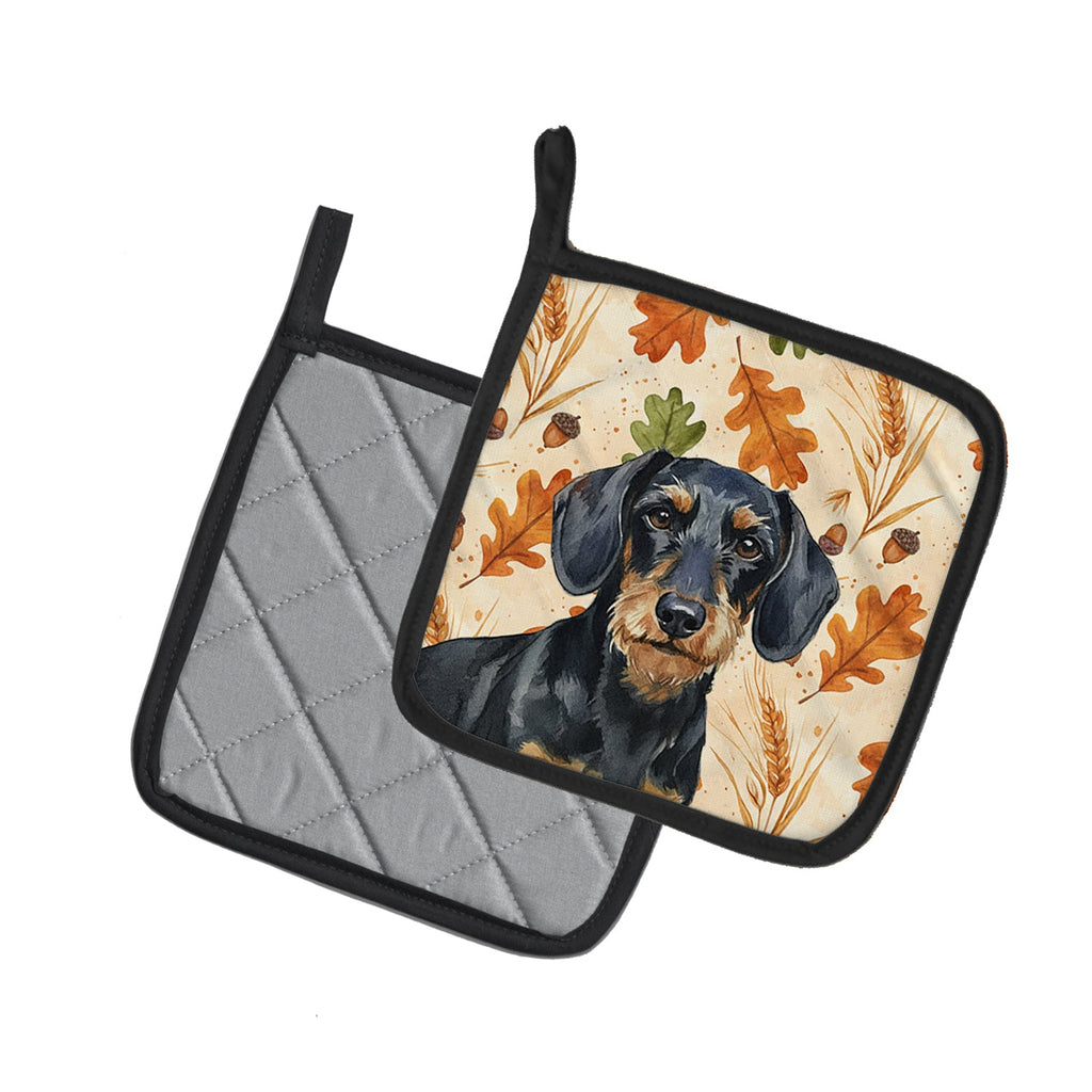 Wirehaired Black and Tan Dachshund Heirloom Fall Pot Holder Set of 2 Heat Resistant Quilted Hot Pads 7.5 x 7.5 Inch, Insulated Kitchen Trivets for Cooking & Baking