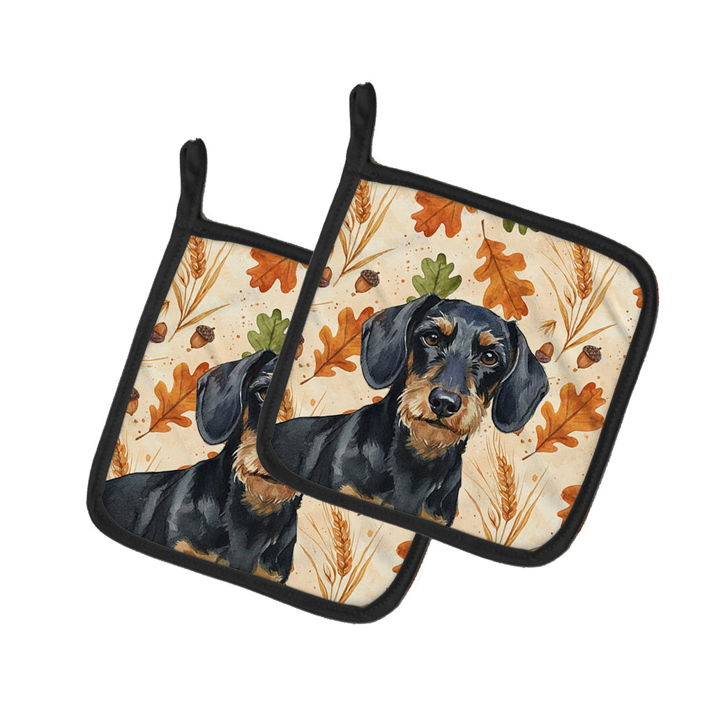 Wirehaired Black and Tan Dachshund Heirloom Fall Pot Holder Set of 2 Heat Resistant Quilted Hot Pads 7.5 x 7.5 Inch, Insulated Kitchen Trivets for Cooking & Baking
