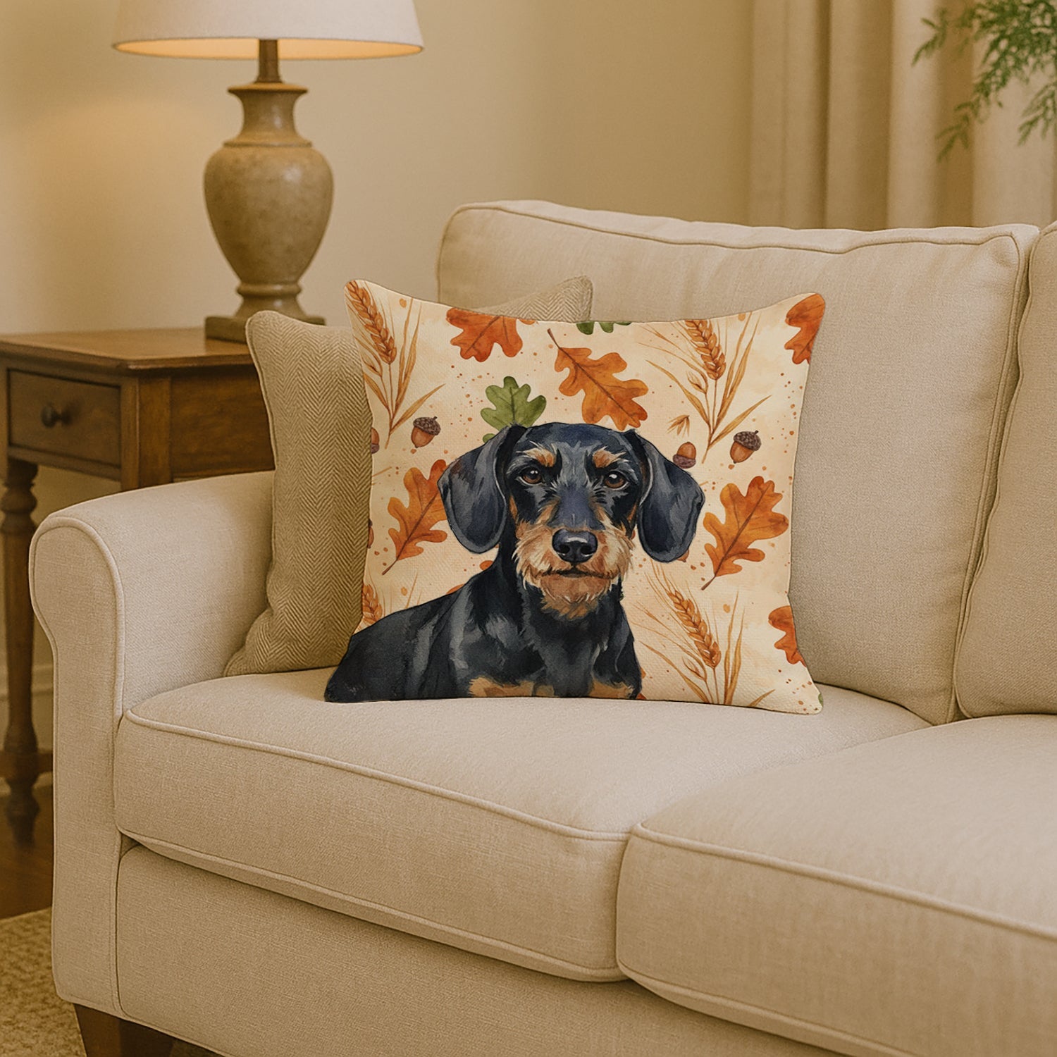 Wirehaired Black and Tan Dachshund Heirloom Fall Decorative Throw Pillow 14x14 Indoor Outdoor Accent Cushion, Fabric Cover with Insert for Sofa, Bed, Porch & Living Room