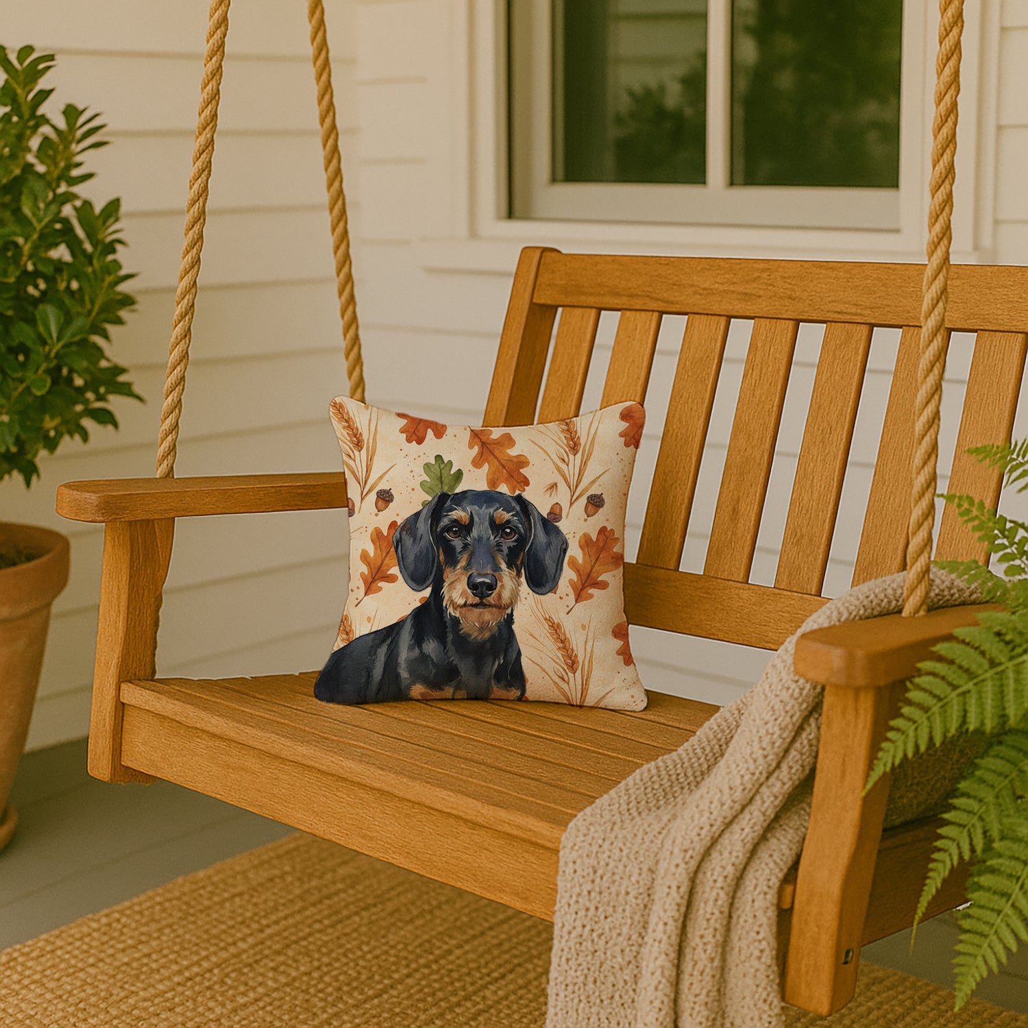 Wirehaired Black and Tan Dachshund Heirloom Fall Decorative Throw Pillow 14x14 Indoor Outdoor Accent Cushion, Fabric Cover with Insert for Sofa, Bed, Porch & Living Room