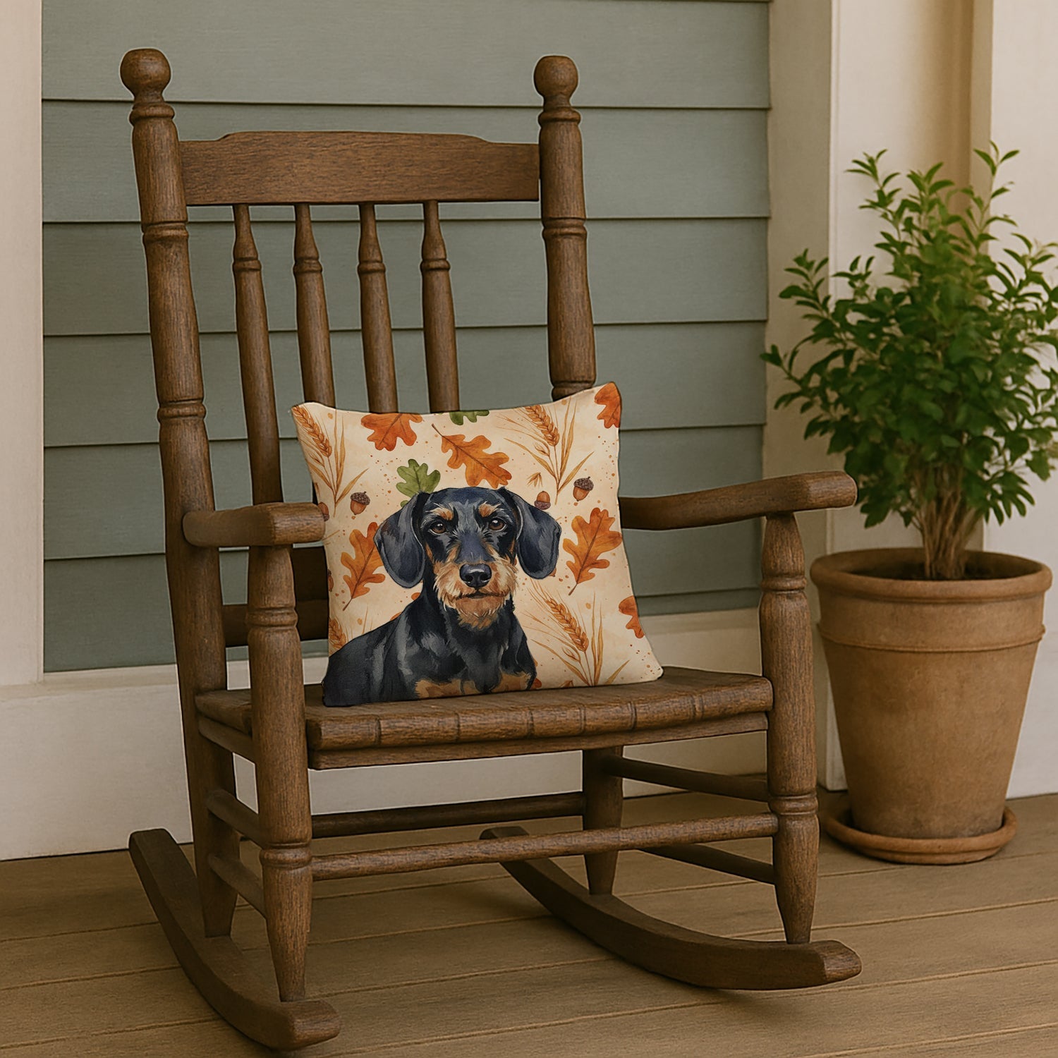 Wirehaired Black and Tan Dachshund Heirloom Fall Decorative Throw Pillow 14x14 Indoor Outdoor Accent Cushion, Fabric Cover with Insert for Sofa, Bed, Porch & Living Room