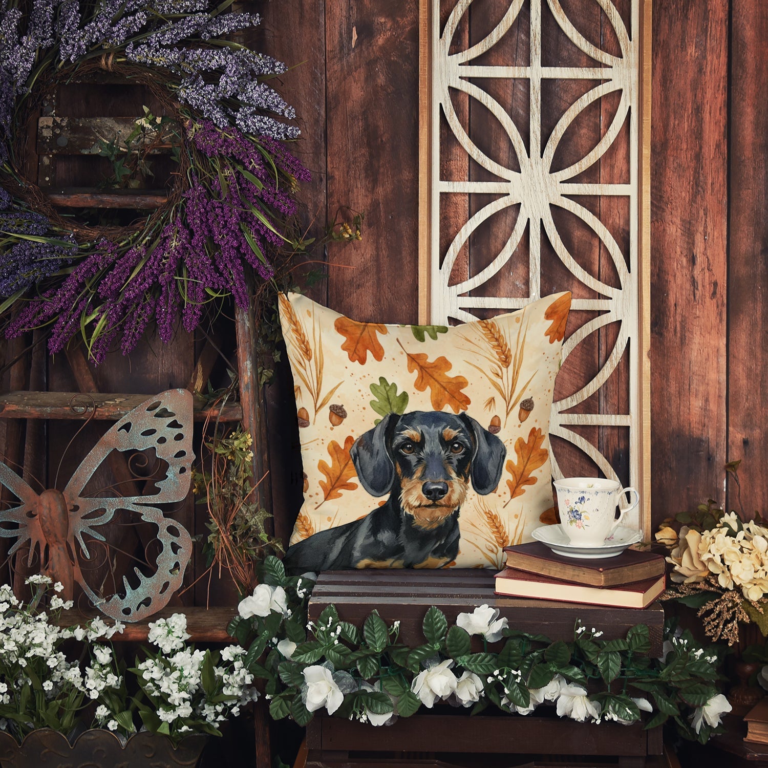 Wirehaired Black and Tan Dachshund Heirloom Fall Decorative Throw Pillow 14x14 Indoor Outdoor Accent Cushion, Fabric Cover with Insert for Sofa, Bed, Porch & Living Room