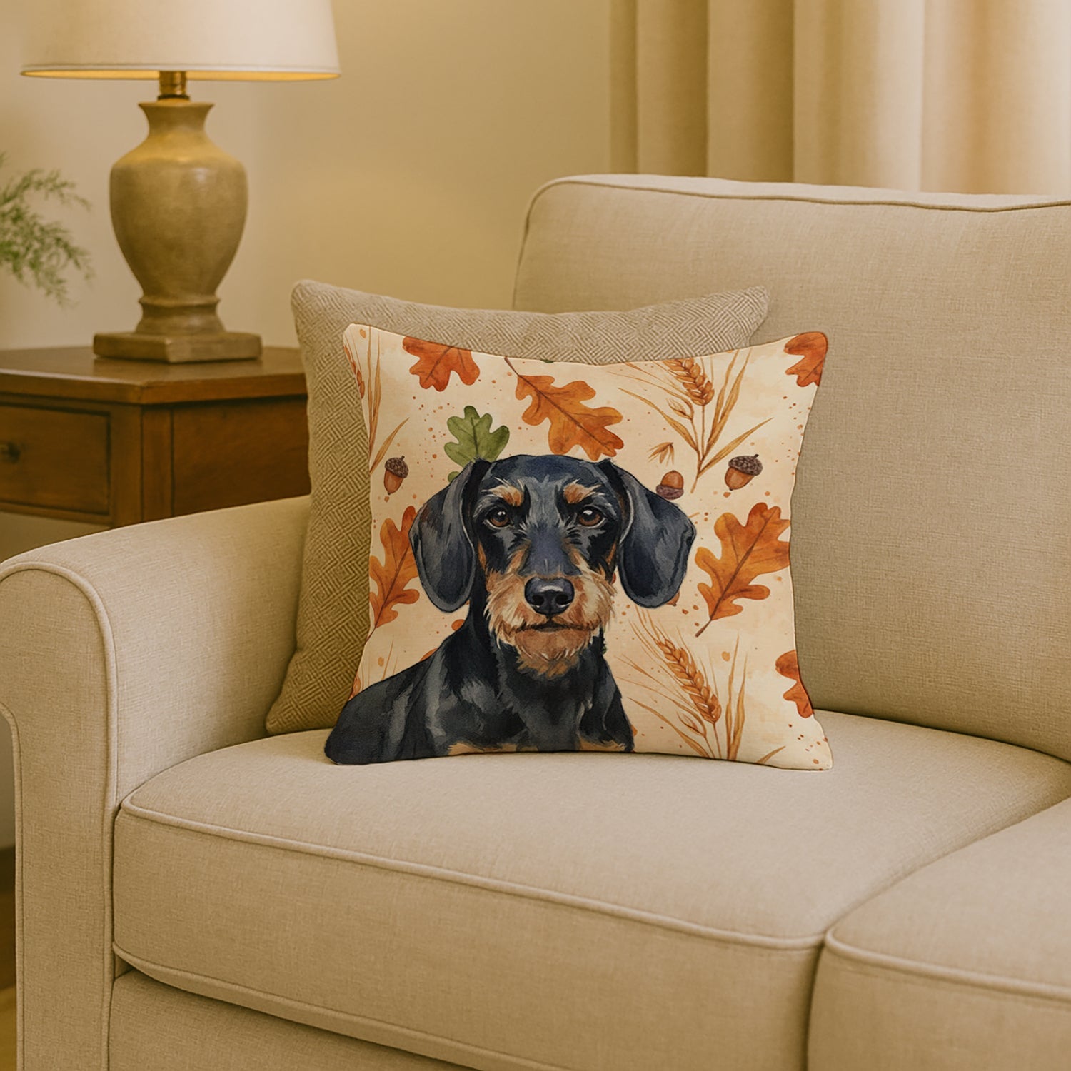 Wirehaired Black and Tan Dachshund Heirloom Fall Decorative Throw Pillow 18x18 Indoor Outdoor Accent Cushion, Fabric Cover with Insert for Sofa, Bed, Porch & Living Room