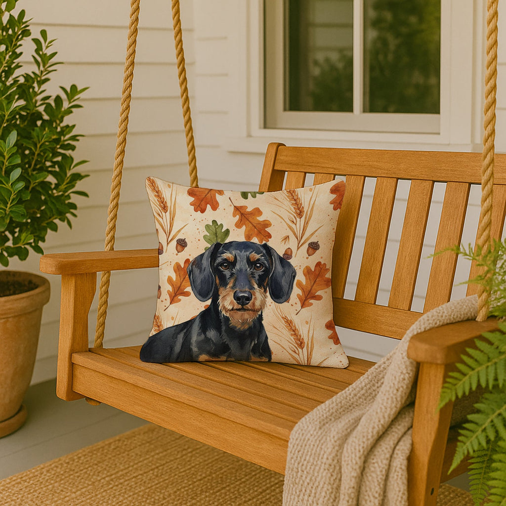 Wirehaired Black and Tan Dachshund Heirloom Fall Decorative Throw Pillow 18x18 Indoor Outdoor Accent Cushion, Fabric Cover with Insert for Sofa, Bed, Porch & Living Room