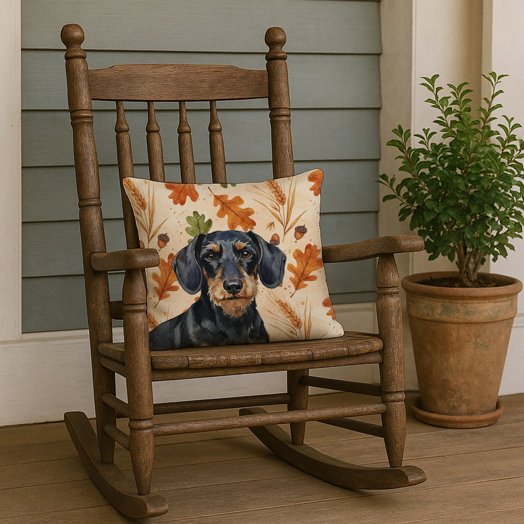 Wirehaired Black and Tan Dachshund Heirloom Fall Decorative Throw Pillow 18x18 Indoor Outdoor Accent Cushion, Fabric Cover with Insert for Sofa, Bed, Porch & Living Room