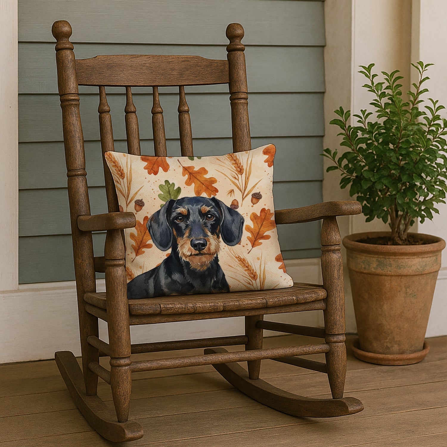 Wirehaired Black and Tan Dachshund Heirloom Fall Decorative Throw Pillow 18x18 Indoor Outdoor Accent Cushion, Fabric Cover with Insert for Sofa, Bed, Porch & Living Room