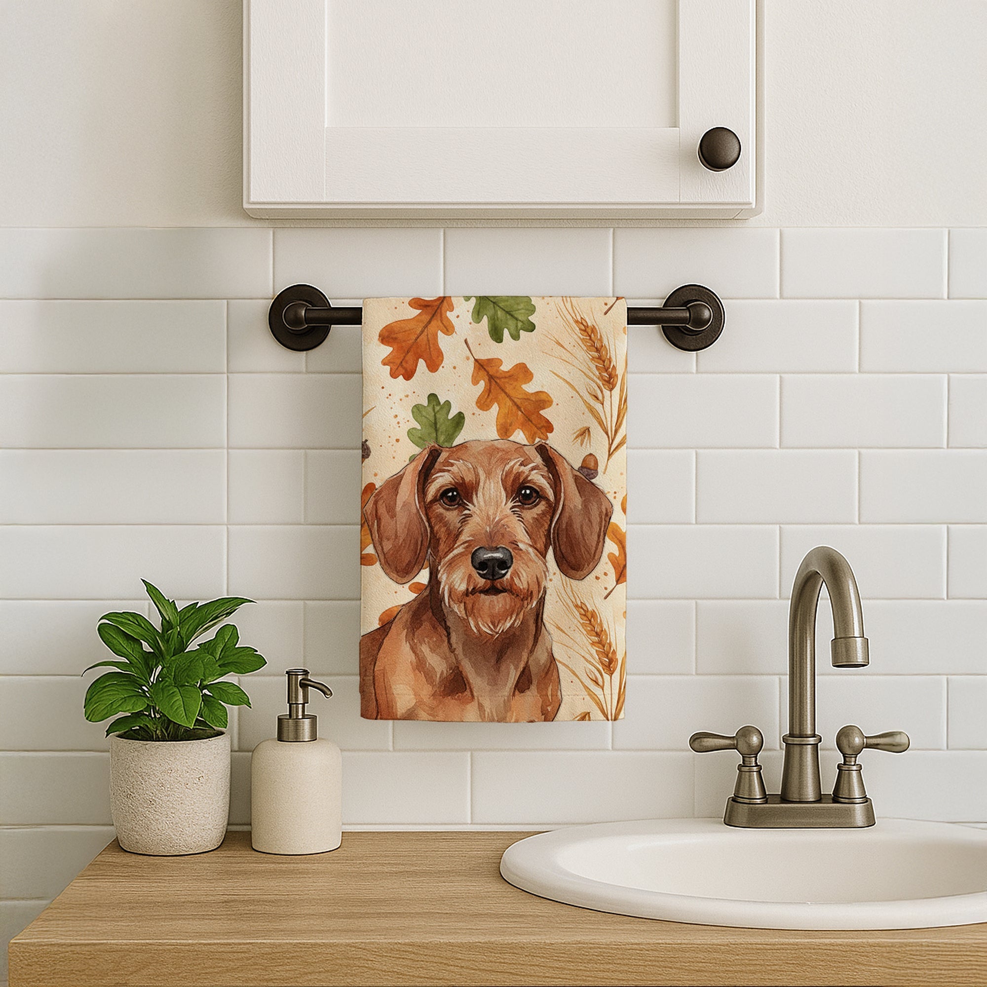 Wirehaired Red Dachshund Heirloom Fall Kitchen Towel Velour Plush Front and Cotton Loop Back Machine Washable