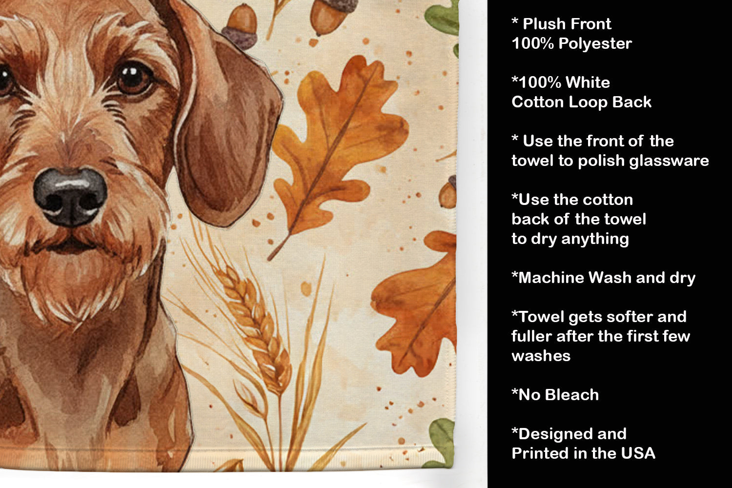 Wirehaired Red Dachshund Heirloom Fall Kitchen Towel Velour Plush Front and Cotton Loop Back Machine Washable