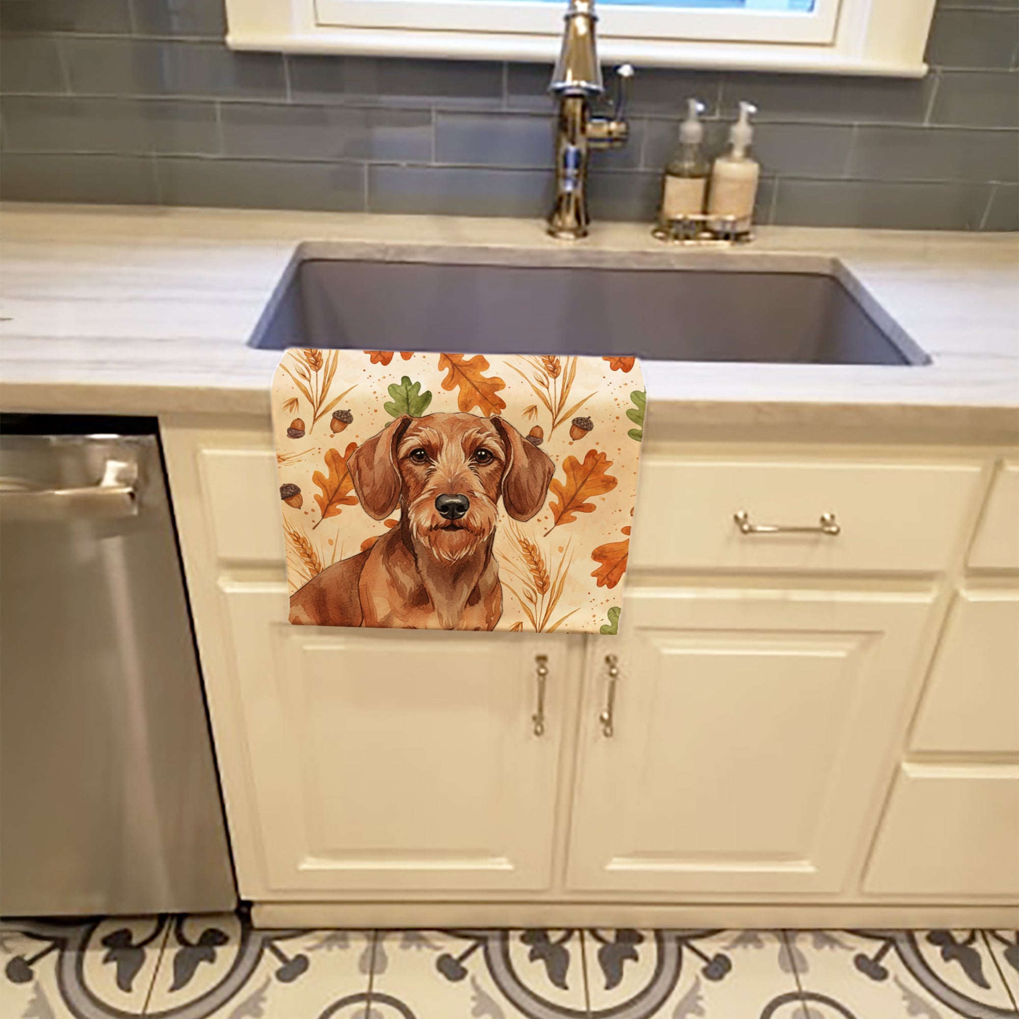 Wirehaired Red Dachshund Heirloom Fall Kitchen Towel Velour Plush Front and Cotton Loop Back Machine Washable
