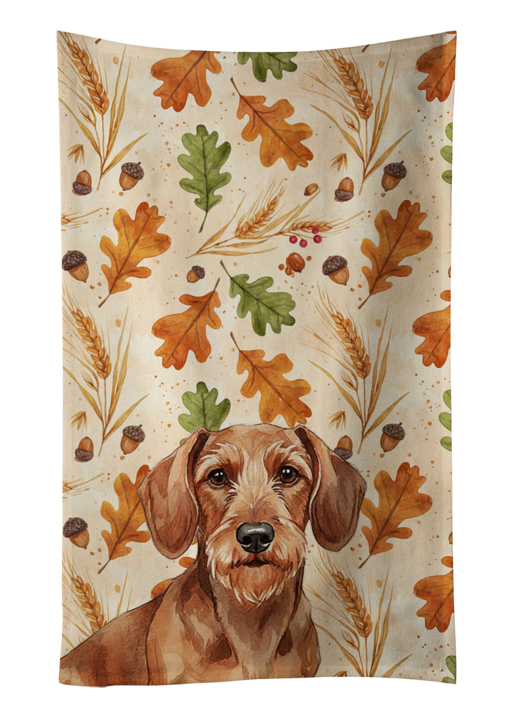 Wirehaired Red Dachshund Heirloom Fall Kitchen Towel Velour Plush Front and Cotton Loop Back Machine Washable