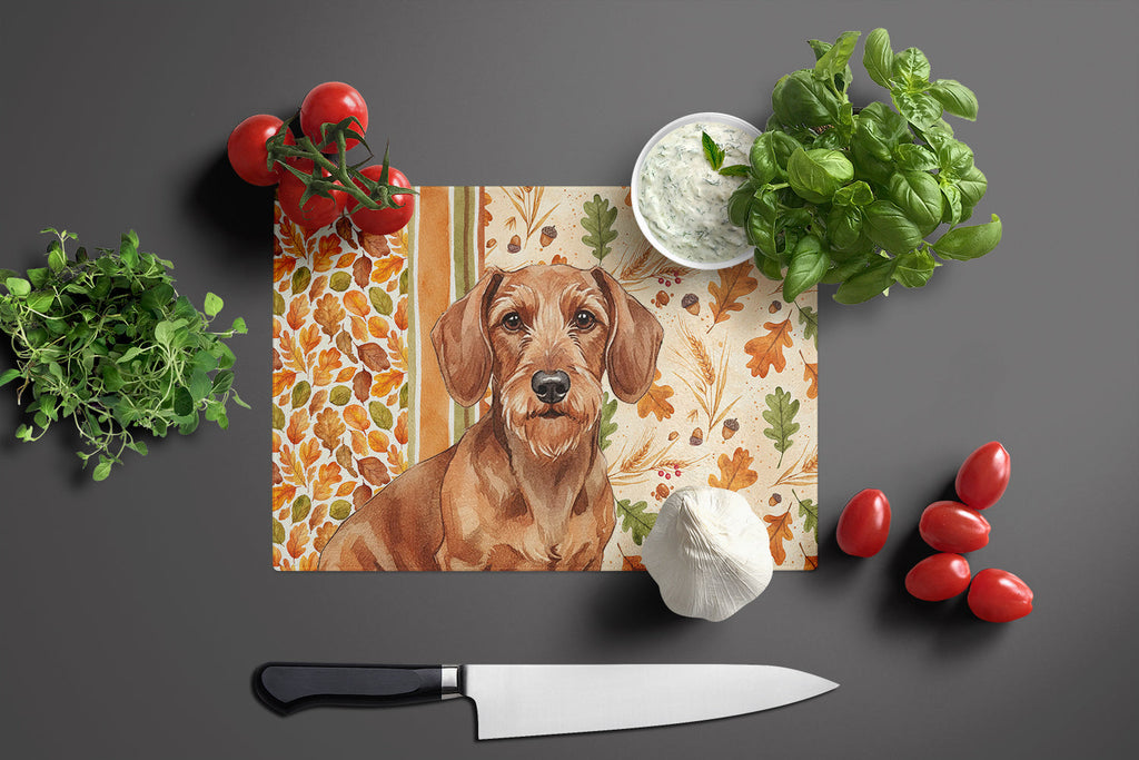 Wirehaired Red Dachshund Heirloom Fall Cutting Board Tempered Glass Kitchen Cutting Surface, Heat Resistant Chopping, Non-Slip Feet, Food Prep & Serving
