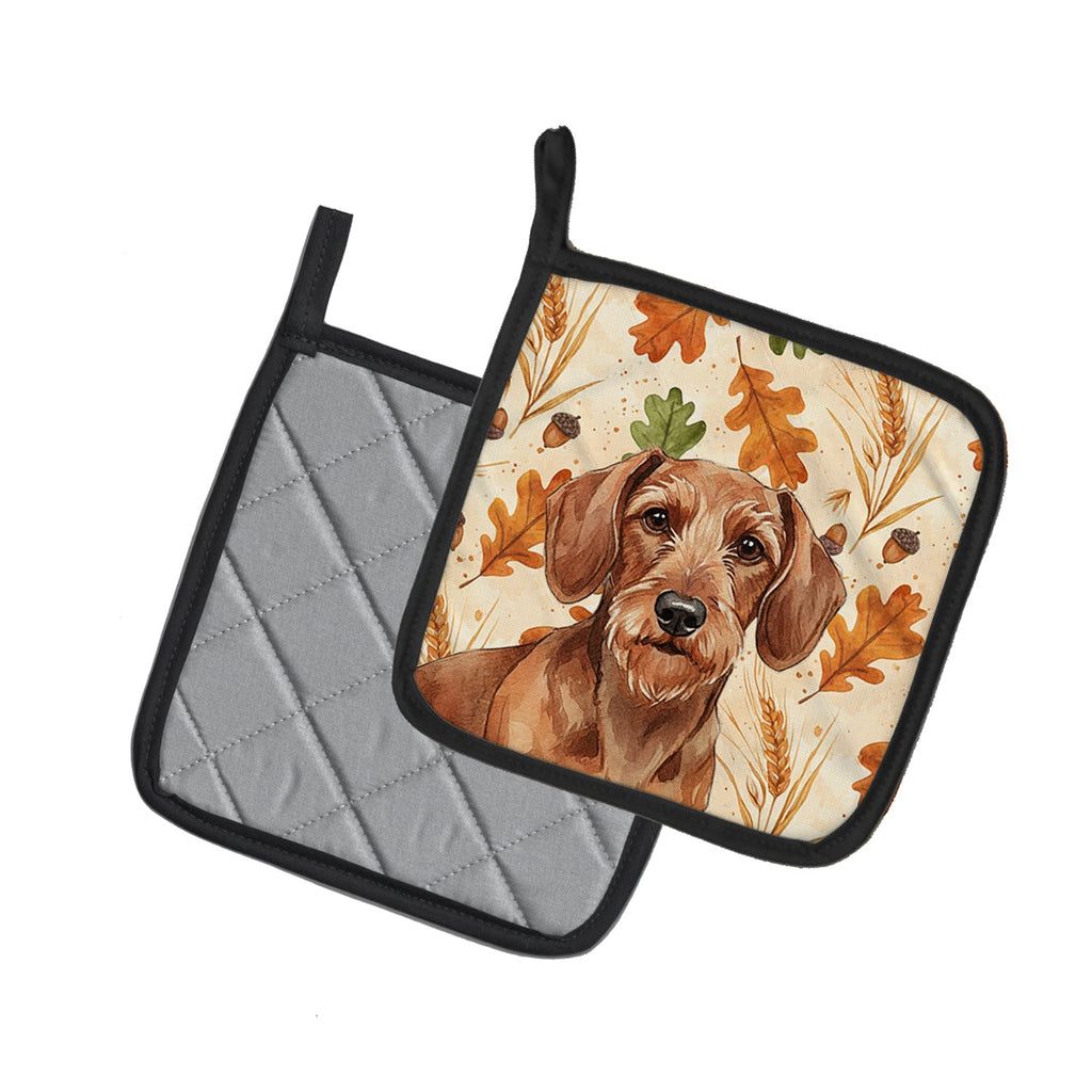 Wirehaired Red Dachshund Heirloom Fall Pot Holder Set of 2 Heat Resistant Quilted Hot Pads 7.5 x 7.5 Inch, Insulated Kitchen Trivets for Cooking & Baking