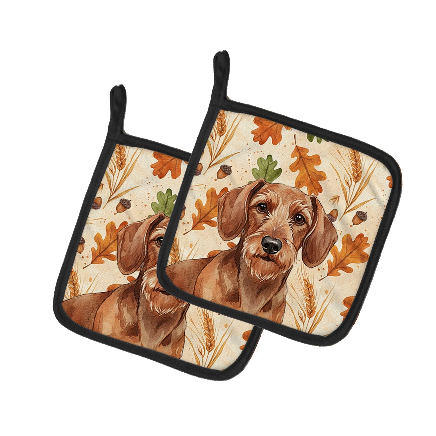 Wirehaired Red Dachshund Heirloom Fall Pot Holder Set of 2 Heat Resistant Quilted Hot Pads 7.5 x 7.5 Inch, Insulated Kitchen Trivets for Cooking & Baking