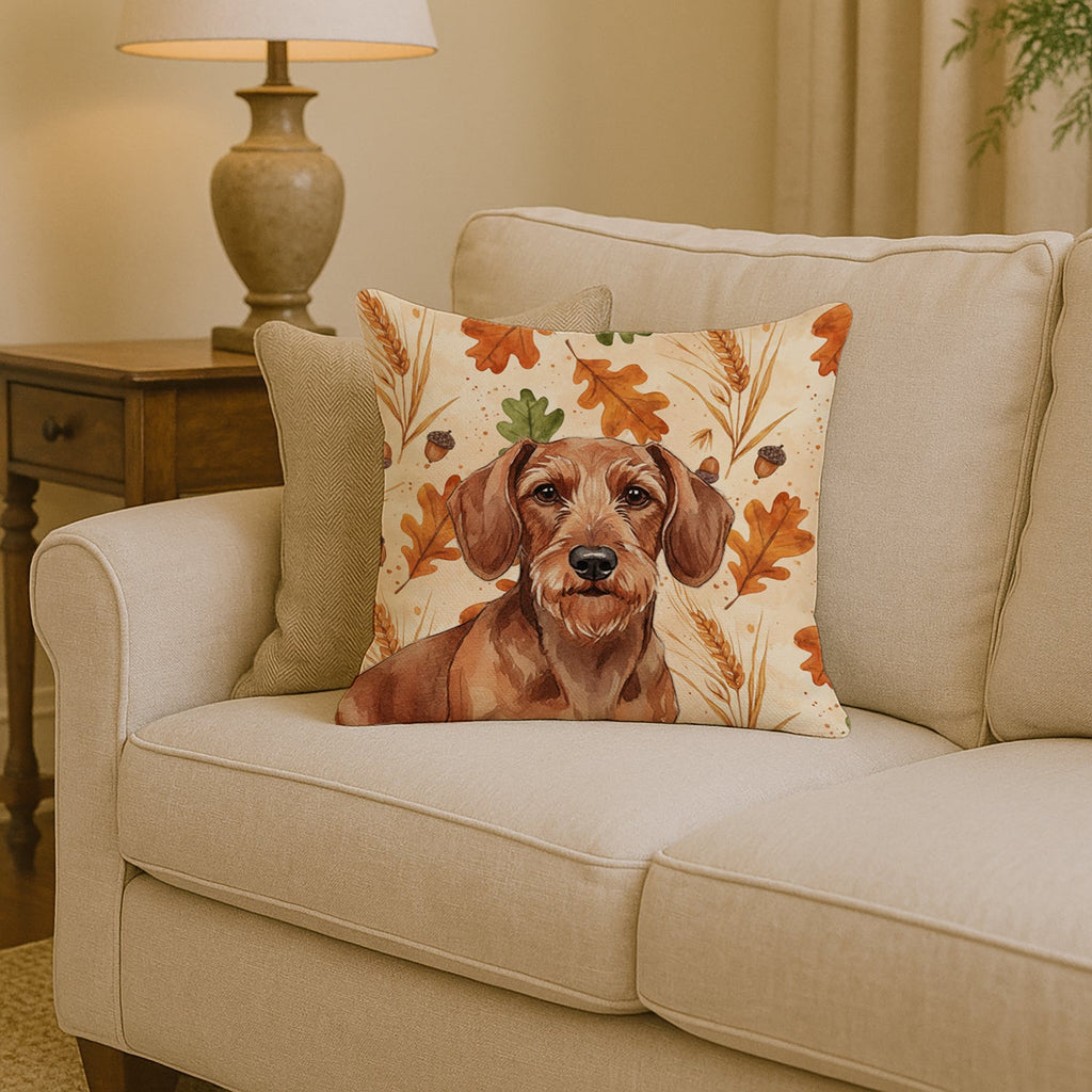 Wirehaired Red Dachshund Heirloom Fall Decorative Throw Pillow 14x14 Indoor Outdoor Accent Cushion, Fabric Cover with Insert for Sofa, Bed, Porch & Living Room