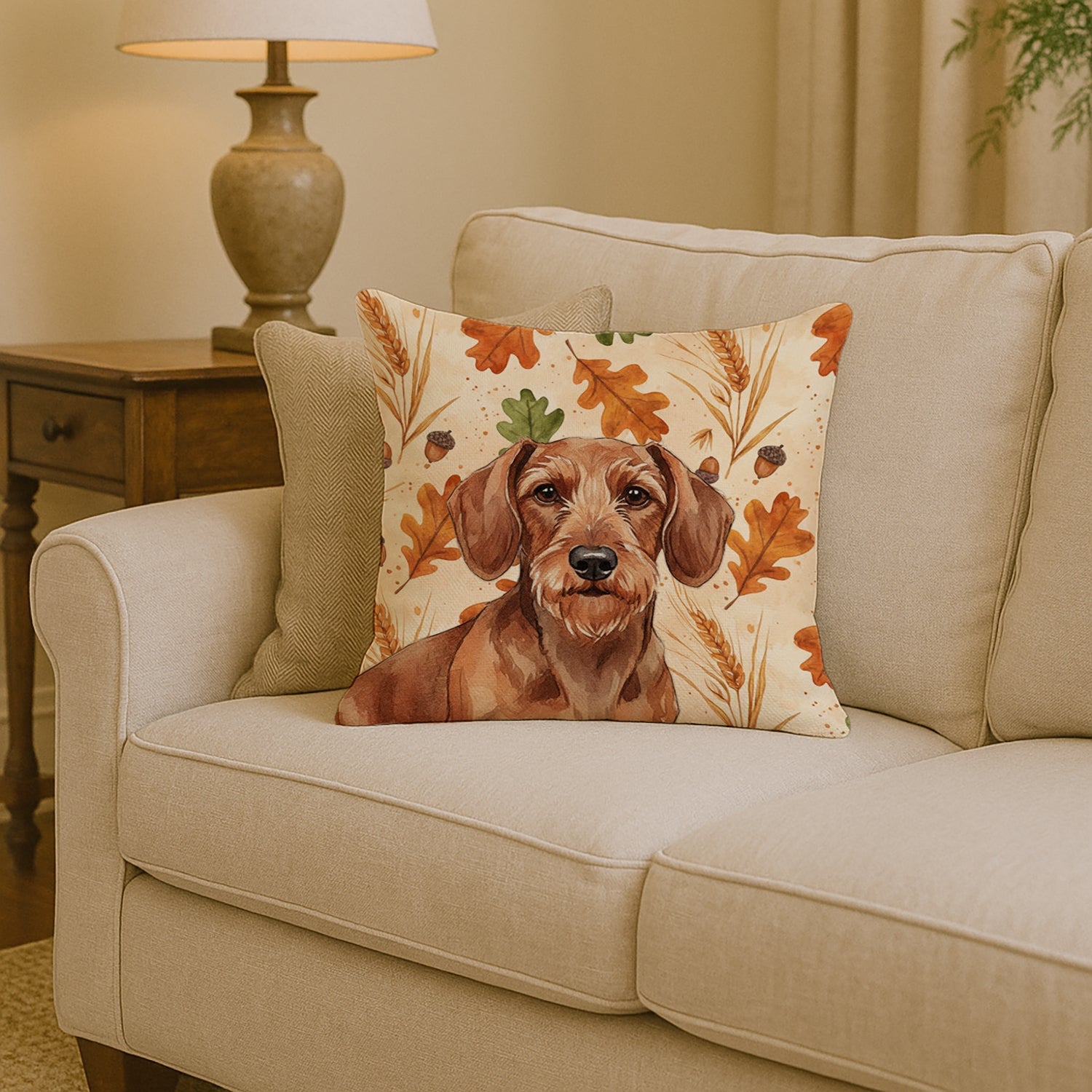 Wirehaired Red Dachshund Heirloom Fall Decorative Throw Pillow 14x14 Indoor Outdoor Accent Cushion, Fabric Cover with Insert for Sofa, Bed, Porch & Living Room