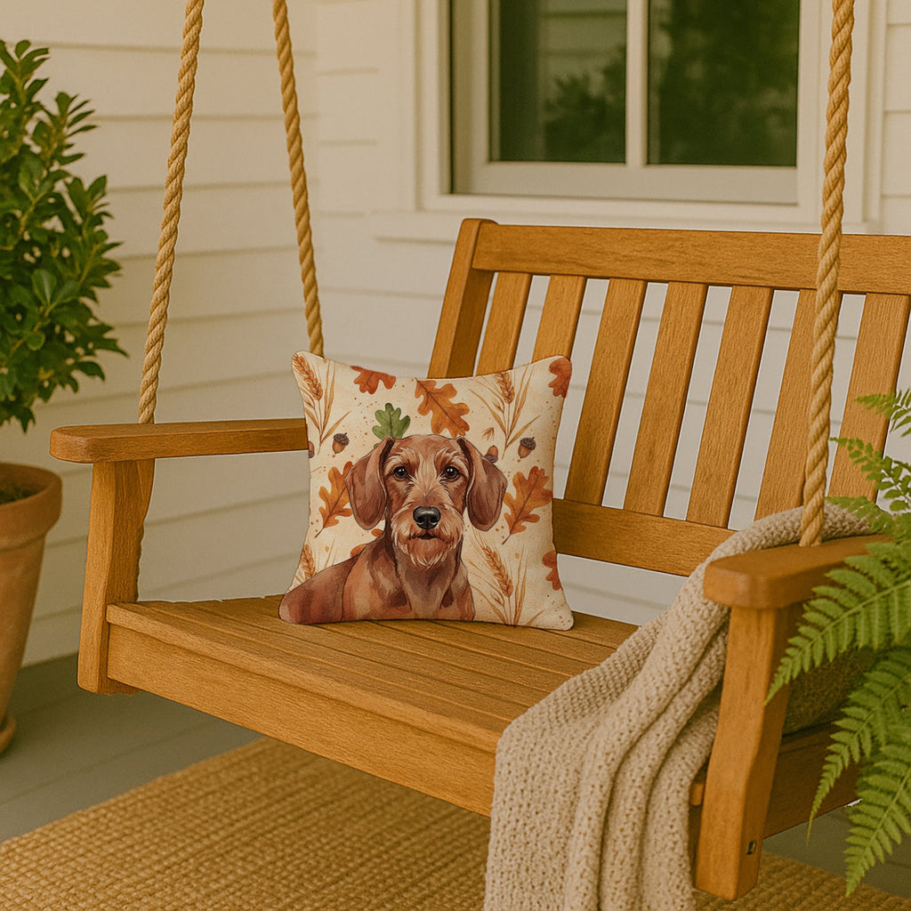 Wirehaired Red Dachshund Heirloom Fall Decorative Throw Pillow 14x14 Indoor Outdoor Accent Cushion, Fabric Cover with Insert for Sofa, Bed, Porch & Living Room