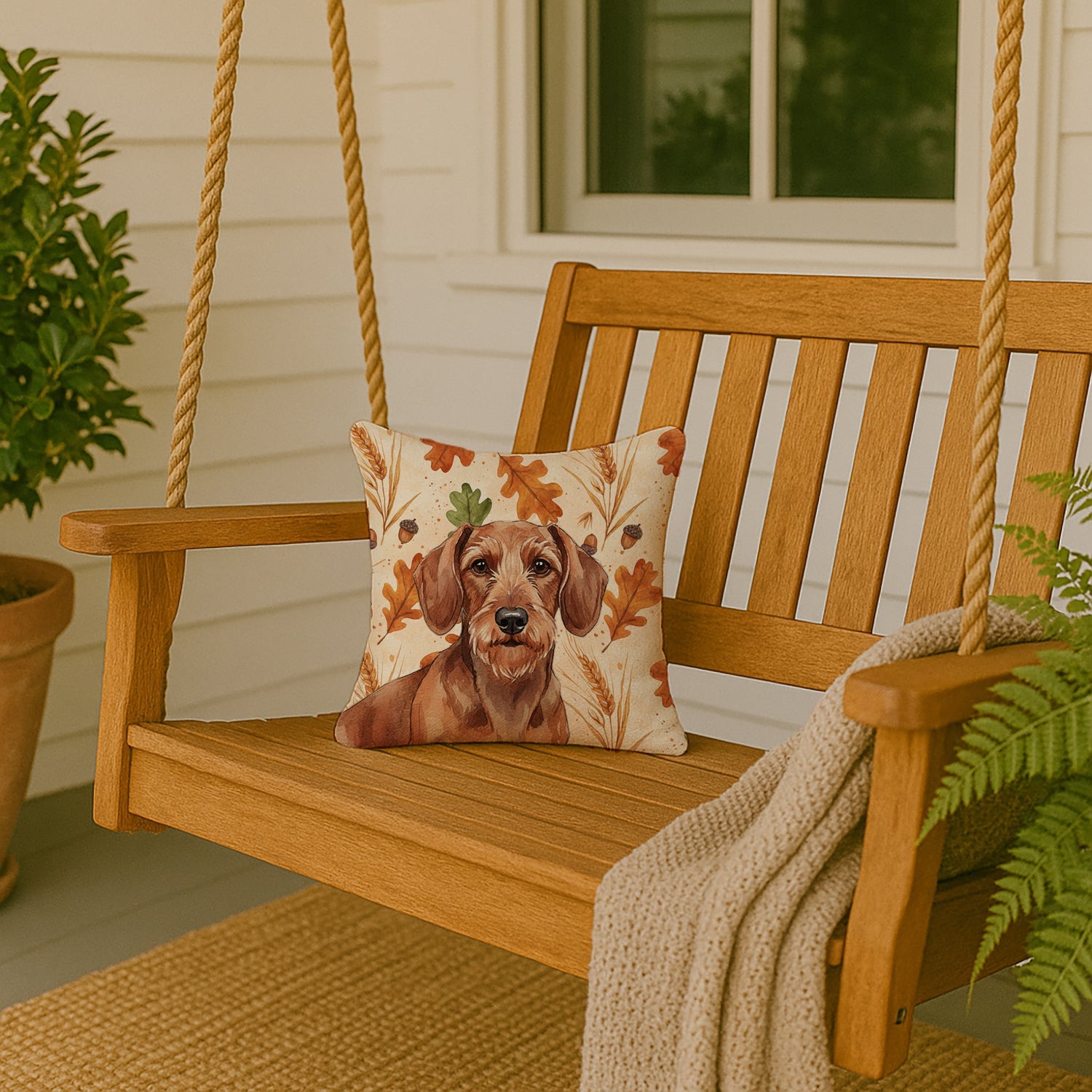 Wirehaired Red Dachshund Heirloom Fall Decorative Throw Pillow 14x14 Indoor Outdoor Accent Cushion, Fabric Cover with Insert for Sofa, Bed, Porch & Living Room