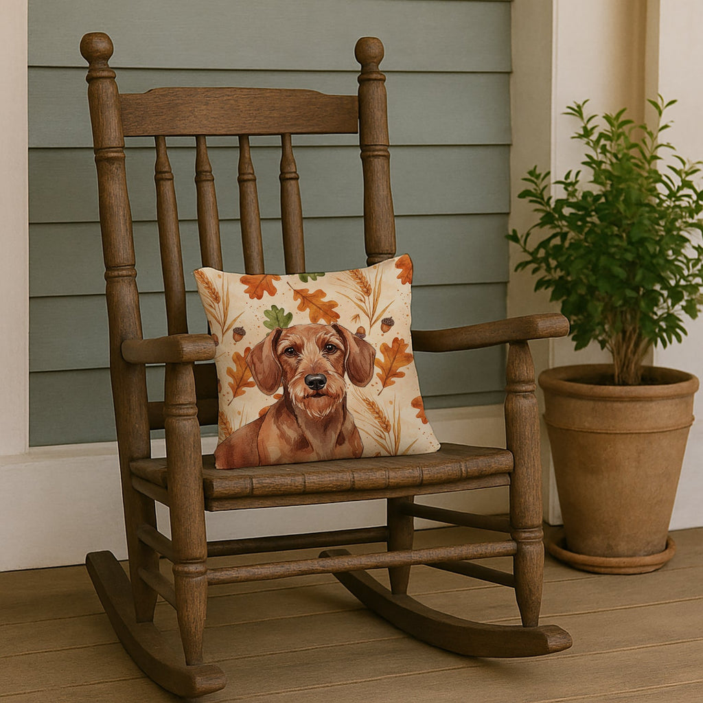 Wirehaired Red Dachshund Heirloom Fall Decorative Throw Pillow 14x14 Indoor Outdoor Accent Cushion, Fabric Cover with Insert for Sofa, Bed, Porch & Living Room