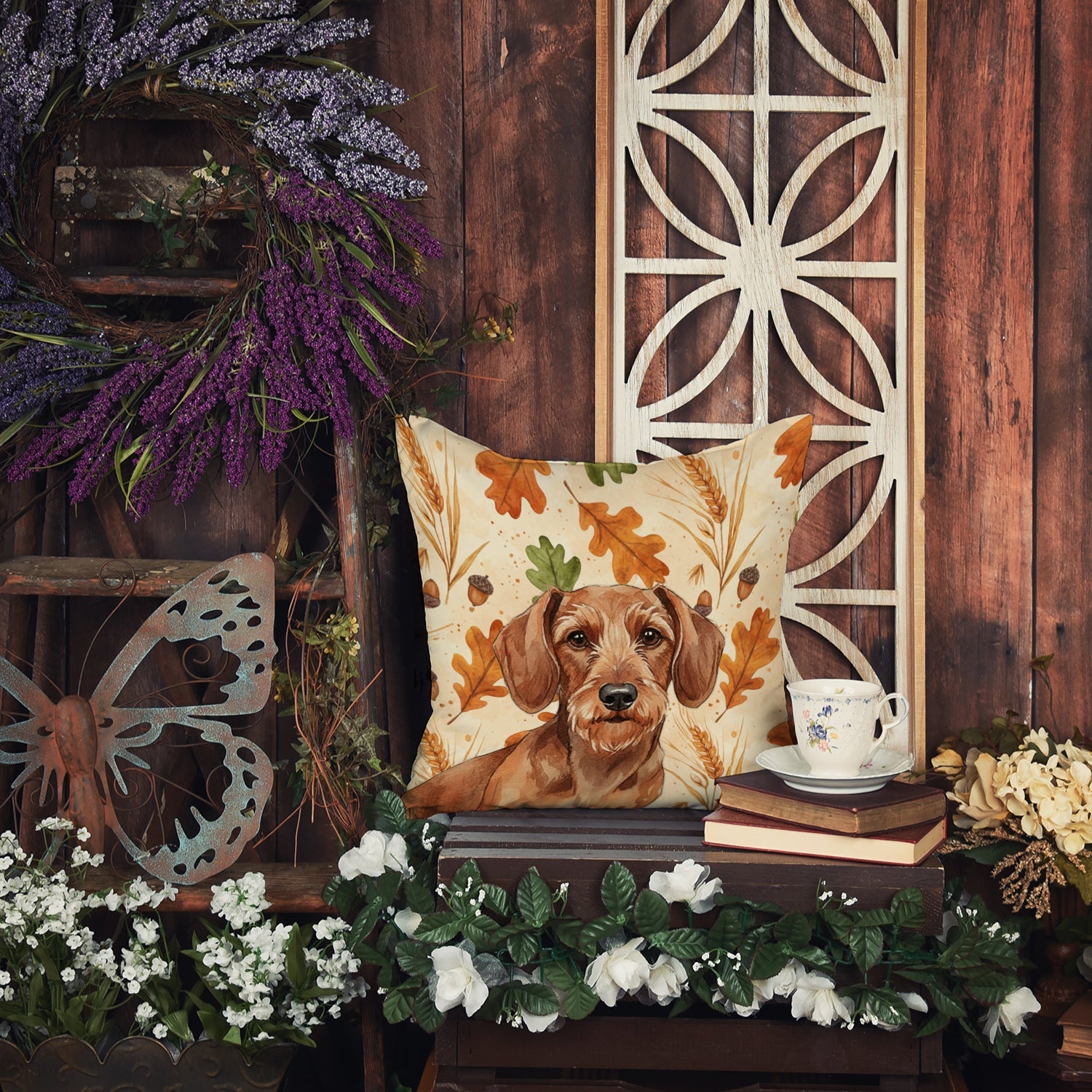 Wirehaired Red Dachshund Heirloom Fall Decorative Throw Pillow 14x14 Indoor Outdoor Accent Cushion, Fabric Cover with Insert for Sofa, Bed, Porch & Living Room