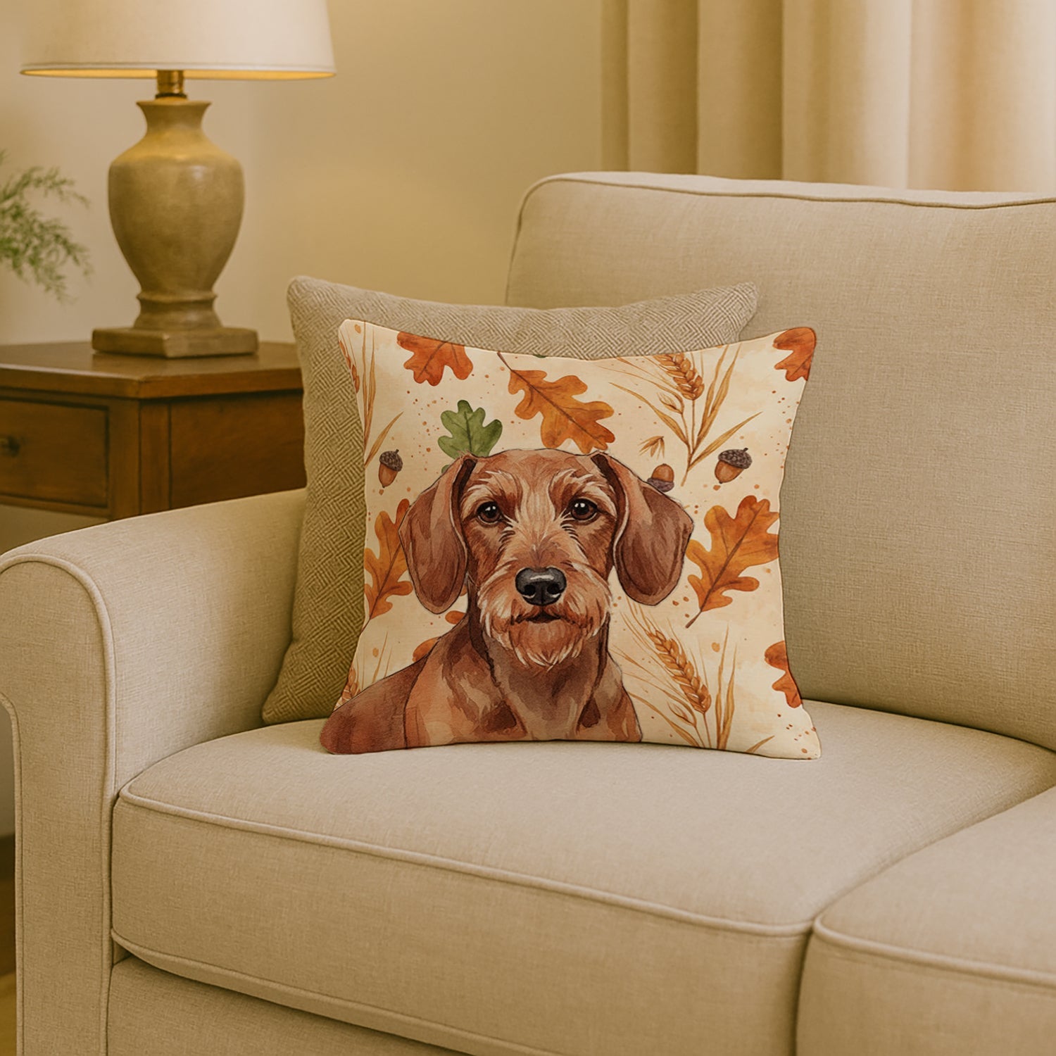 Wirehaired Red Dachshund Heirloom Fall Decorative Throw Pillow 18x18 Indoor Outdoor Accent Cushion, Fabric Cover with Insert for Sofa, Bed, Porch & Living Room