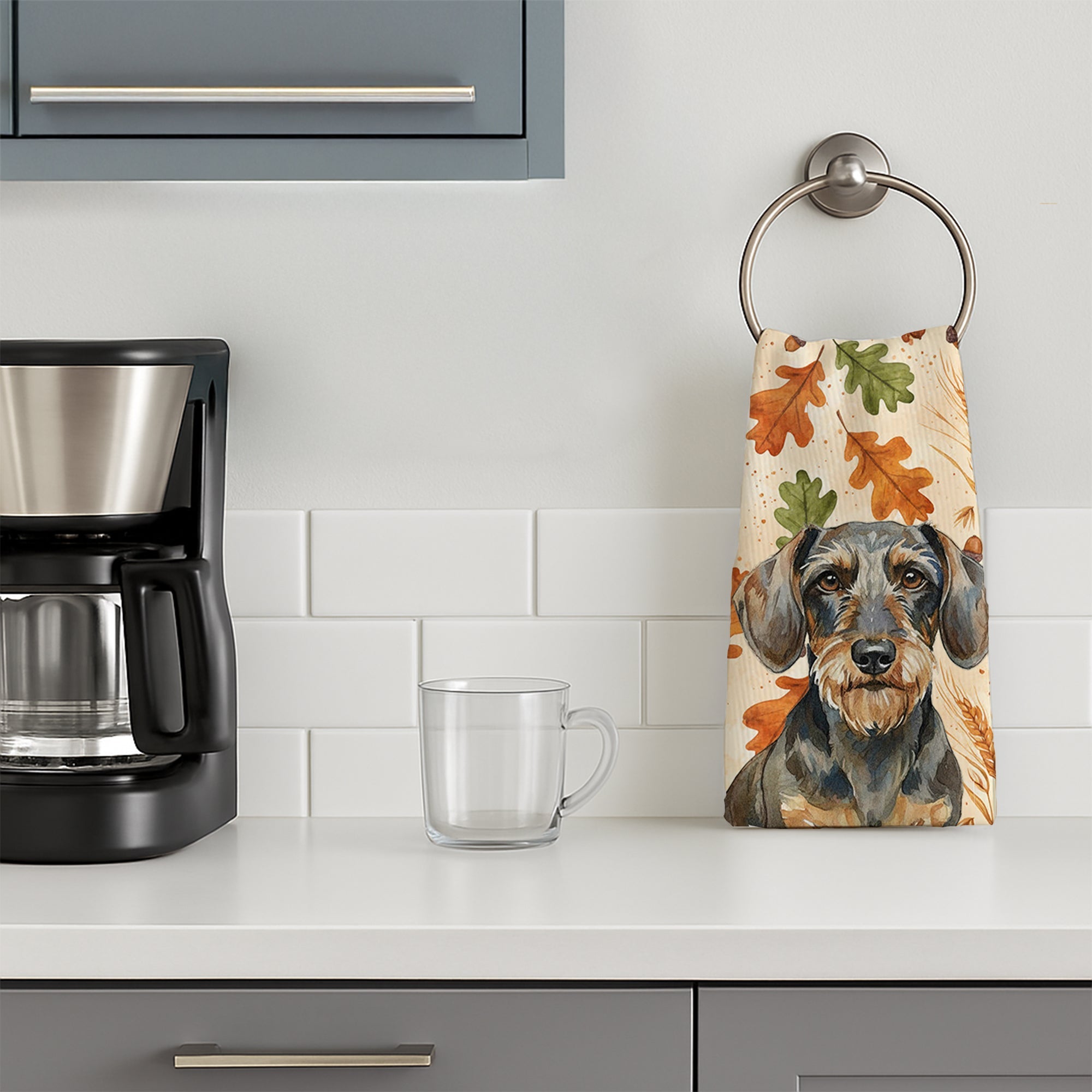 Wirehaired Wild Boar Dachshund Heirloom Fall Kitchen Towel Velour Plush Front and Cotton Loop Back Machine Washable