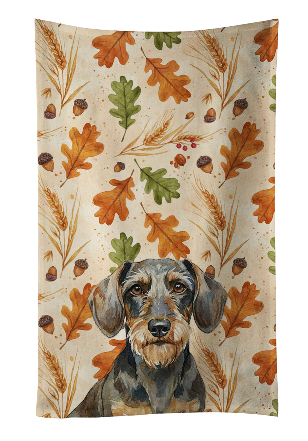 Wirehaired Wild Boar Dachshund Heirloom Fall Kitchen Towel Velour Plush Front and Cotton Loop Back Machine Washable