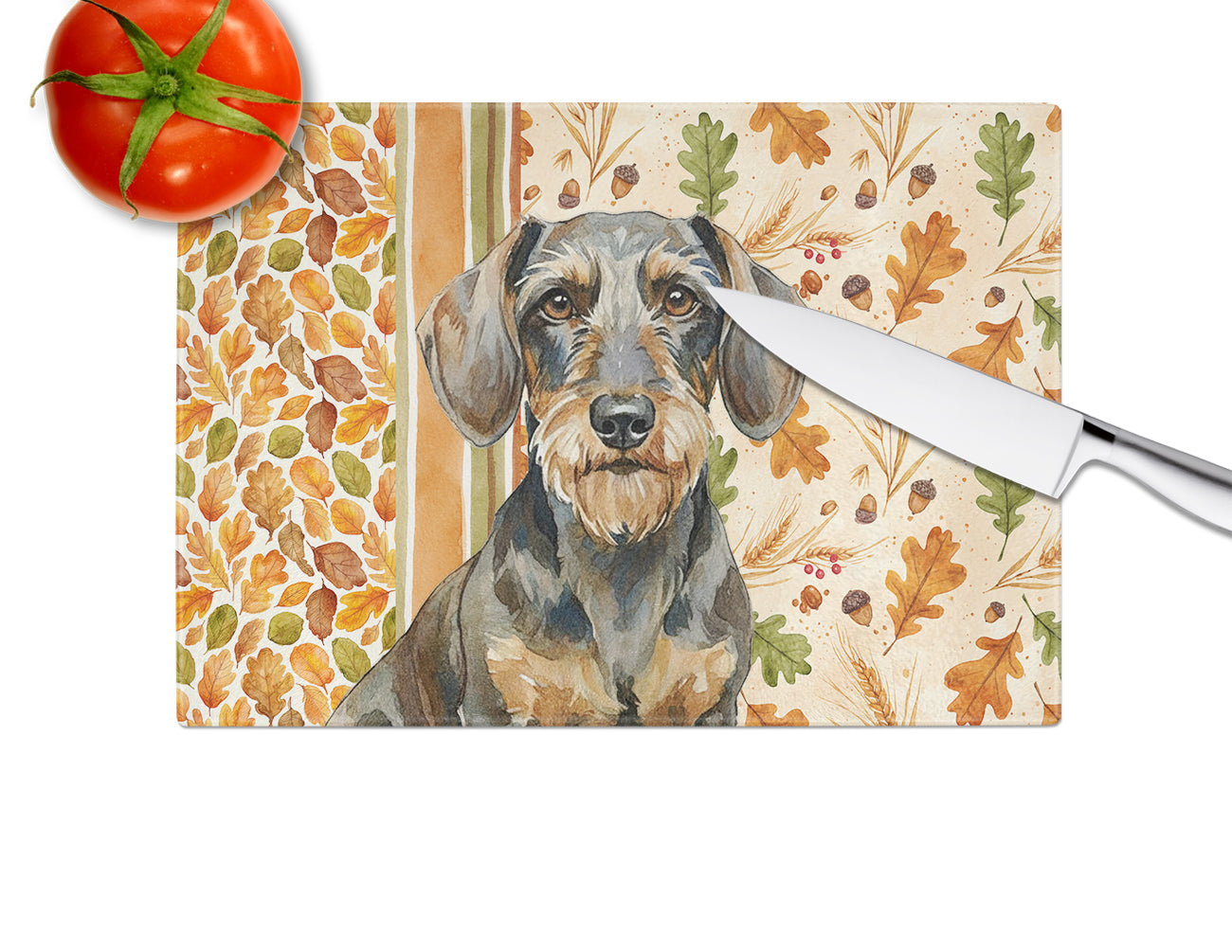 Wirehaired Wild Boar Dachshund Heirloom Fall Cutting Board Tempered Glass Kitchen Cutting Surface, Heat Resistant Chopping, Non-Slip Feet, Food Prep & Serving