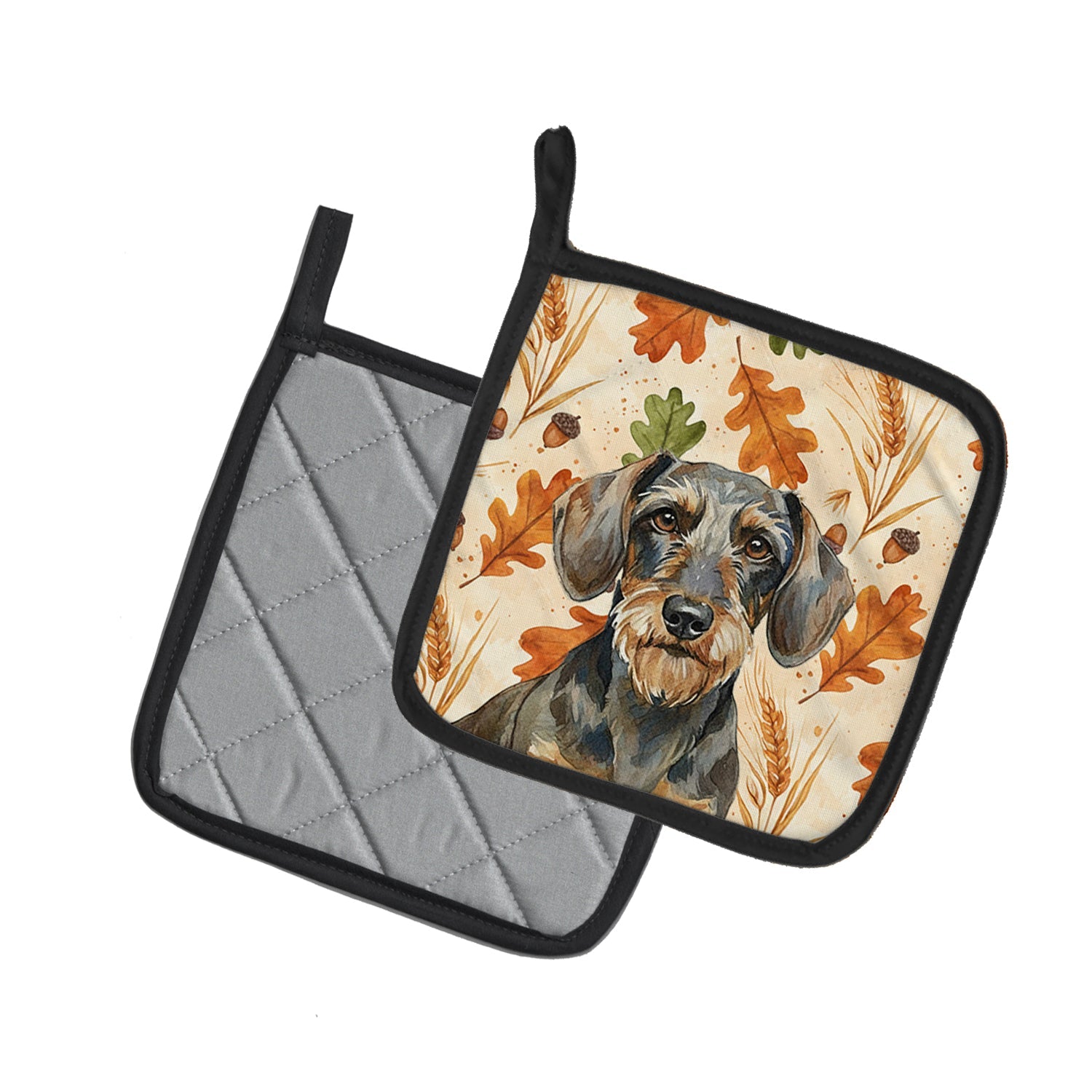 Wirehaired Wild Boar Dachshund Heirloom Fall Pot Holder Set of 2 Heat Resistant Quilted Hot Pads 7.5 x 7.5 Inch, Insulated Kitchen Trivets for Cooking & Baking