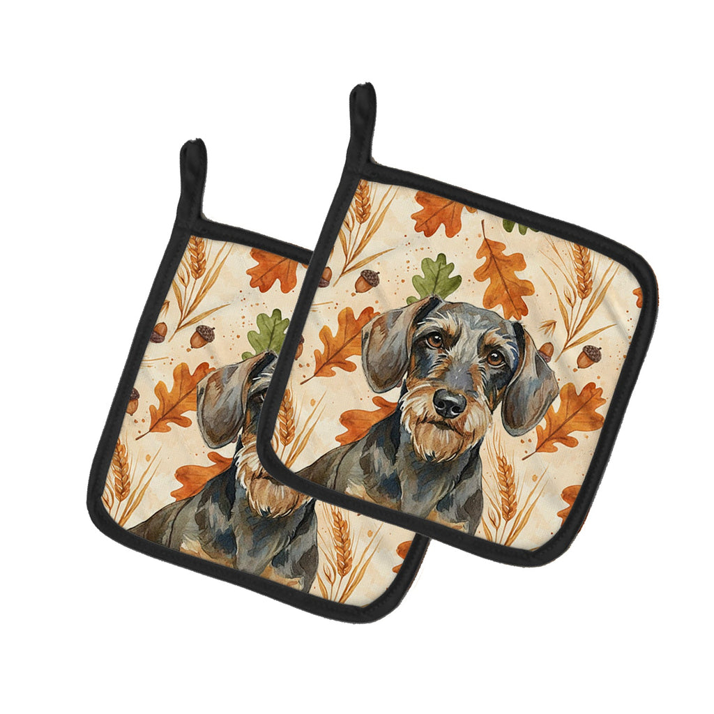 Wirehaired Wild Boar Dachshund Heirloom Fall Pot Holder Set of 2 Heat Resistant Quilted Hot Pads 7.5 x 7.5 Inch, Insulated Kitchen Trivets for Cooking & Baking