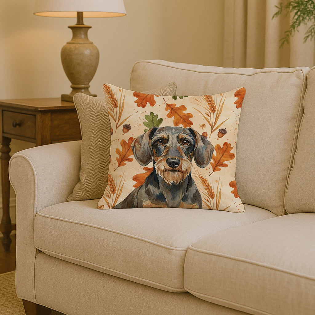 Wirehaired Wild Boar Dachshund Heirloom Fall Decorative Throw Pillow 14x14 Indoor Outdoor Accent Cushion, Fabric Cover with Insert for Sofa, Bed, Porch & Living Room
