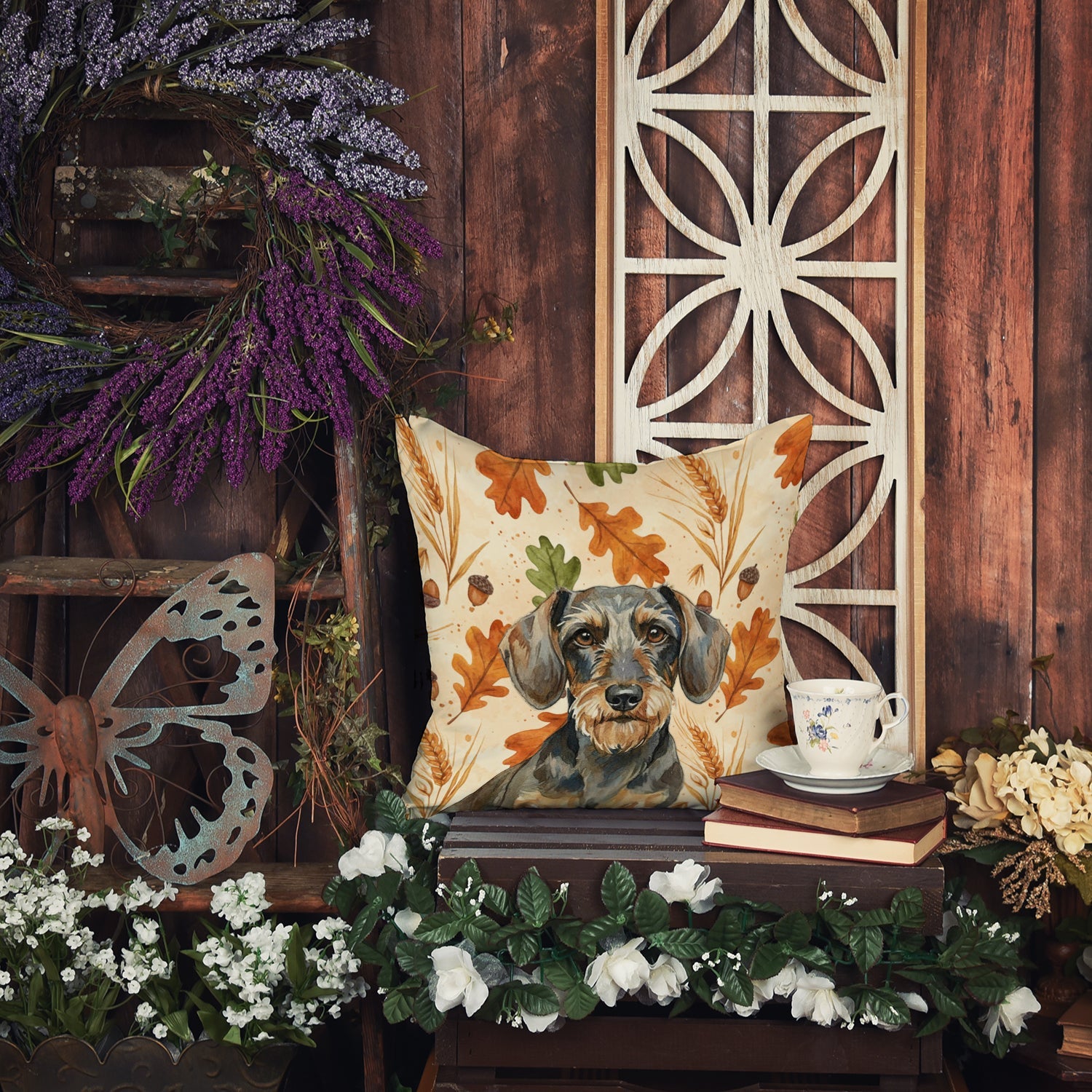 Wirehaired Wild Boar Dachshund Heirloom Fall Decorative Throw Pillow 14x14 Indoor Outdoor Accent Cushion, Fabric Cover with Insert for Sofa, Bed, Porch & Living Room