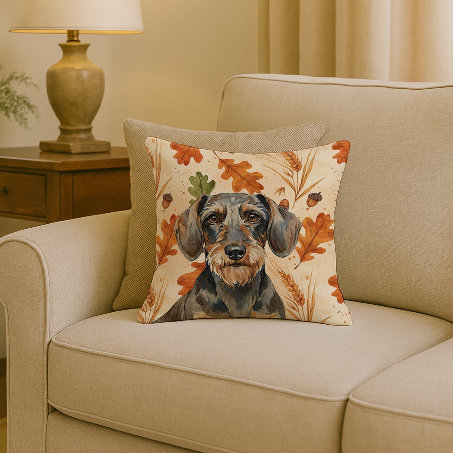 Wirehaired Wild Boar Dachshund Heirloom Fall Decorative Throw Pillow 18x18 Indoor Outdoor Accent Cushion, Fabric Cover with Insert for Sofa, Bed, Porch & Living Room