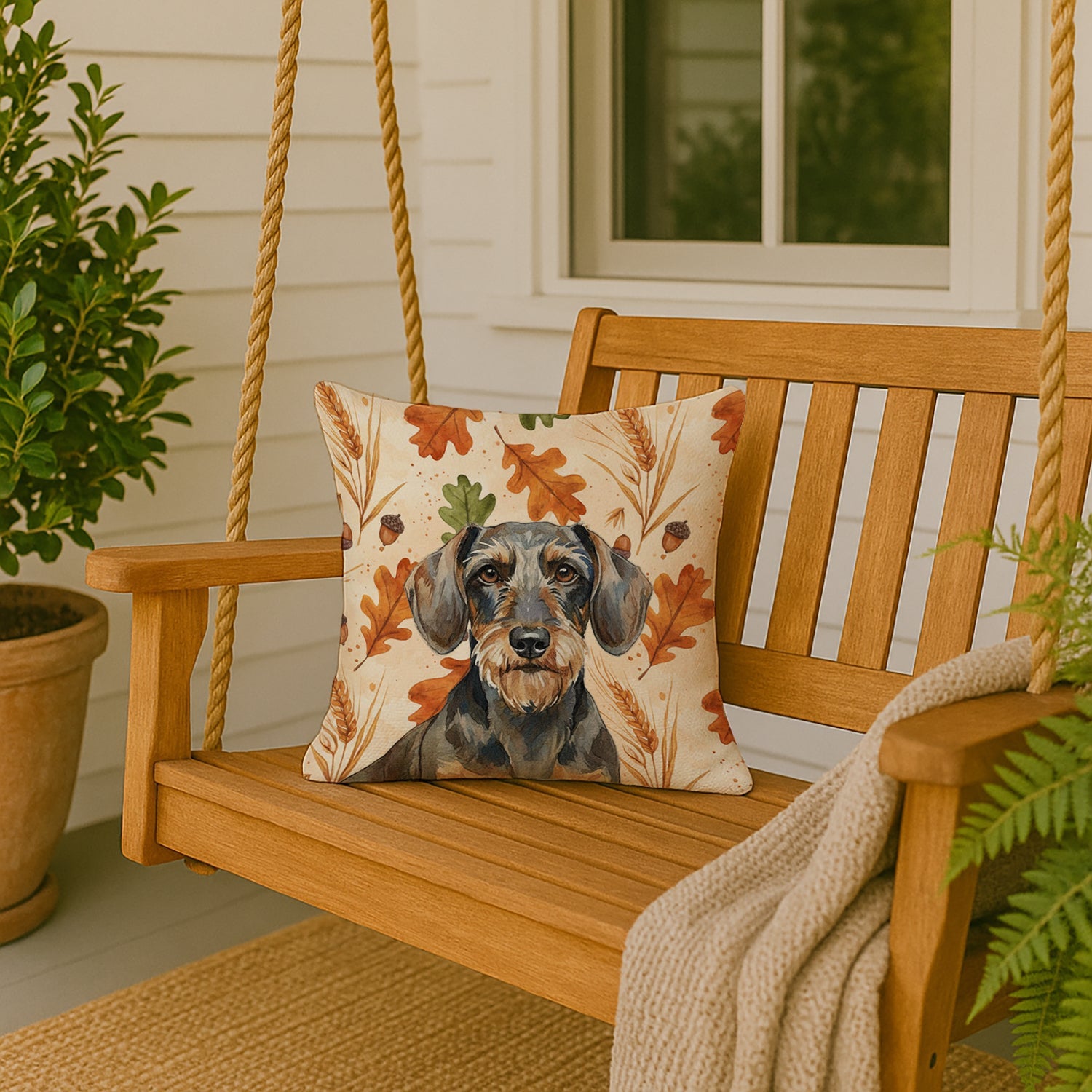 Wirehaired Wild Boar Dachshund Heirloom Fall Decorative Throw Pillow 18x18 Indoor Outdoor Accent Cushion, Fabric Cover with Insert for Sofa, Bed, Porch & Living Room