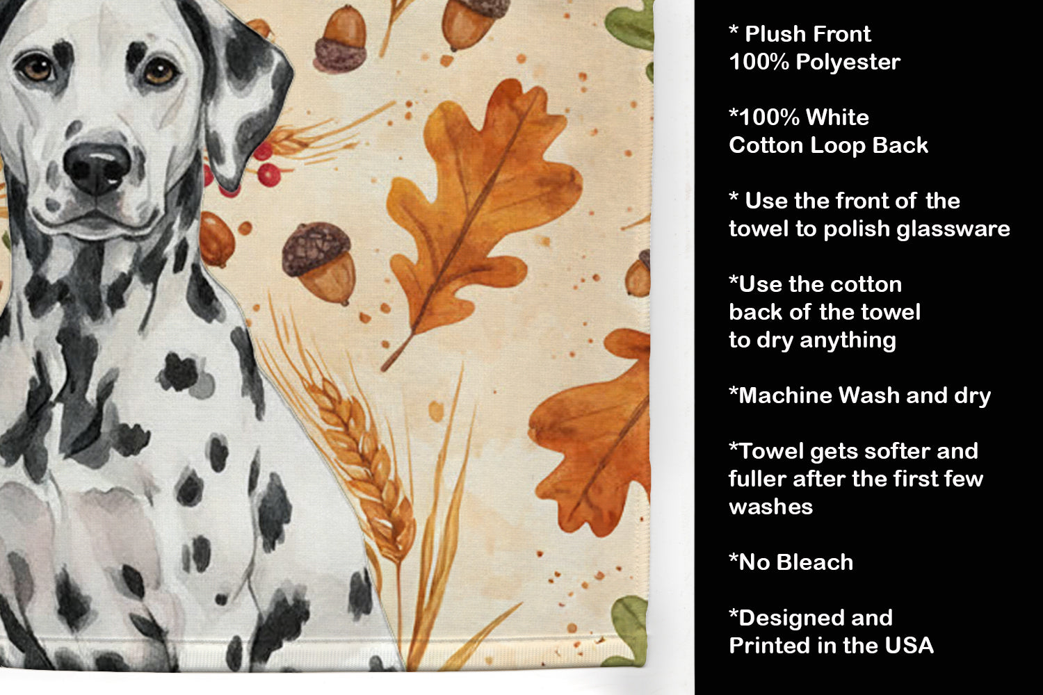 Dalmatian Heirloom Fall Kitchen Towel Velour Plush Front and Cotton Loop Back Machine Washable