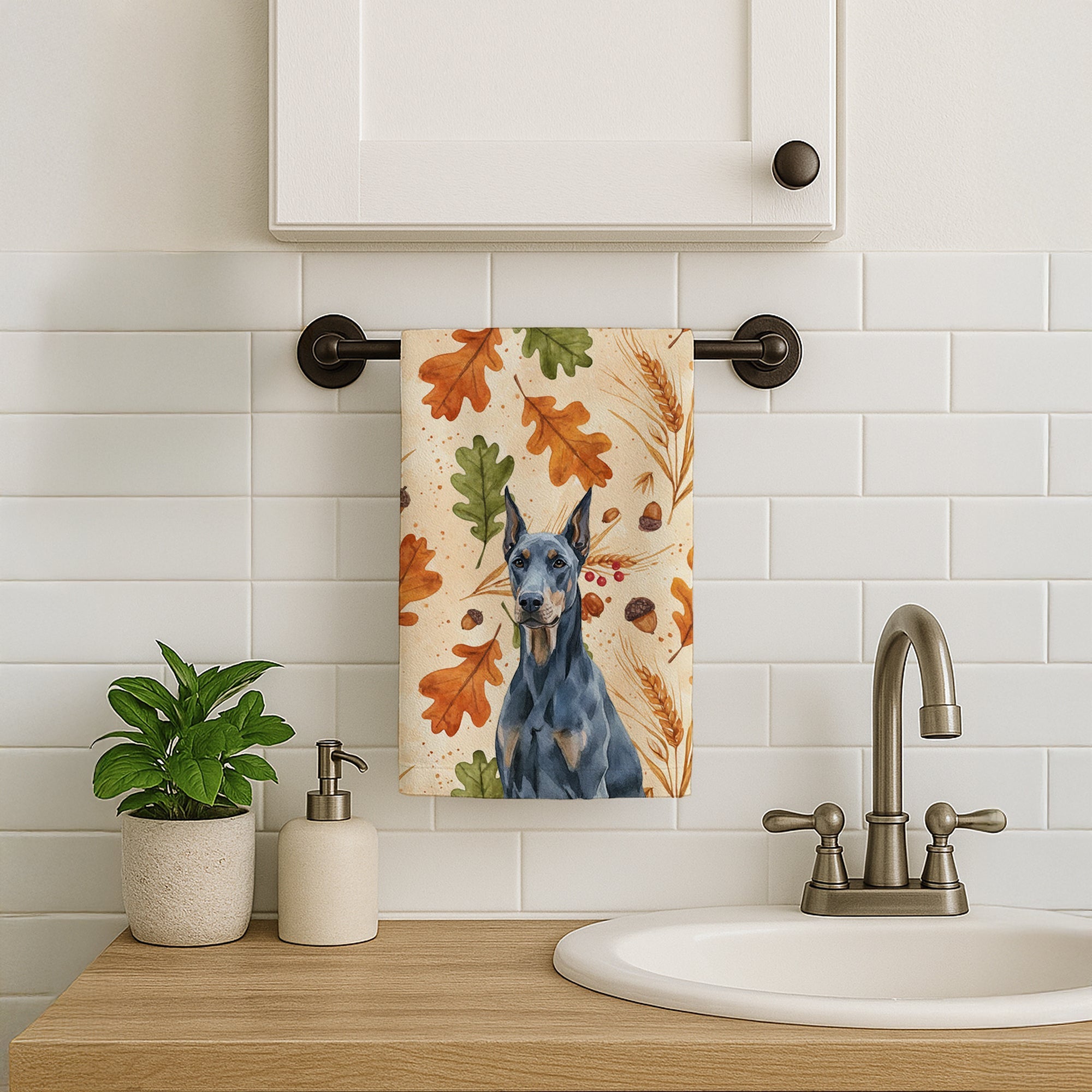 Blue Doberman Pinscher Heirloom Fall Kitchen Towel Velour Plush Front and Cotton Loop Back Machine Washable