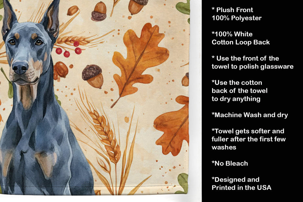 Blue Doberman Pinscher Heirloom Fall Kitchen Towel Velour Plush Front and Cotton Loop Back Machine Washable