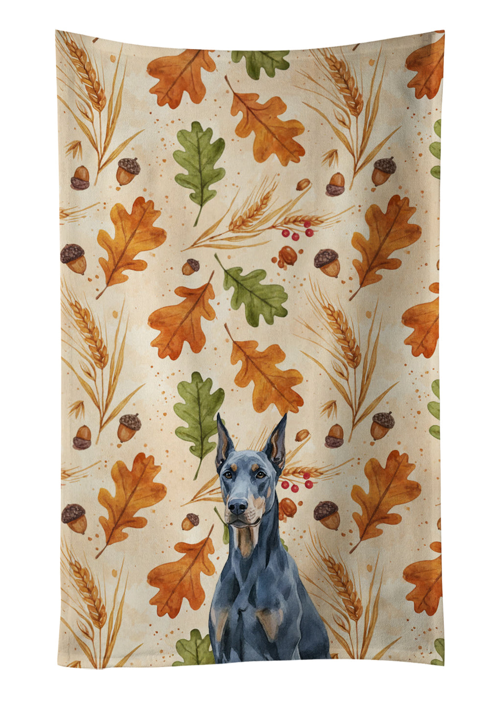 Blue Doberman Pinscher Heirloom Fall Kitchen Towel Velour Plush Front and Cotton Loop Back Machine Washable