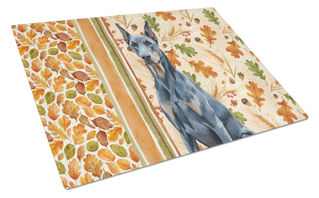 Blue Doberman Pinscher Heirloom Fall Cutting Board Tempered Glass Kitchen Cutting Surface, Heat Resistant Chopping, Non-Slip Feet, Food Prep & Serving