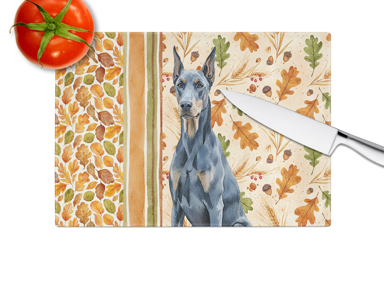 Blue Doberman Pinscher Heirloom Fall Cutting Board Tempered Glass Kitchen Cutting Surface, Heat Resistant Chopping, Non-Slip Feet, Food Prep & Serving