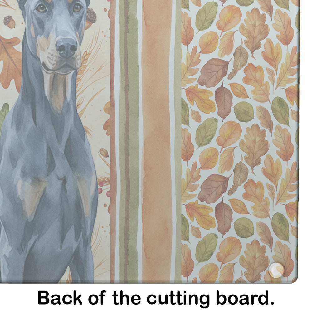 Blue Doberman Pinscher Heirloom Fall Cutting Board Tempered Glass Kitchen Cutting Surface, Heat Resistant Chopping, Non-Slip Feet, Food Prep & Serving