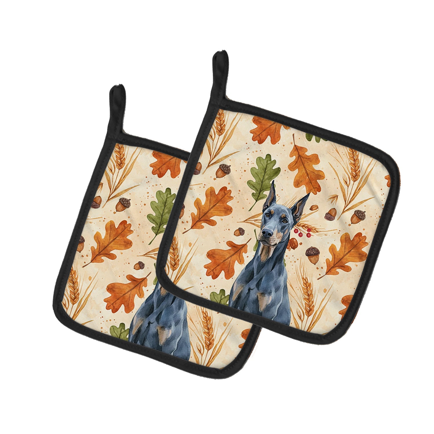 Blue Doberman Pinscher Heirloom Fall Pot Holder Set of 2 Heat Resistant Quilted Hot Pads 7.5 x 7.5 Inch, Insulated Kitchen Trivets for Cooking & Baking